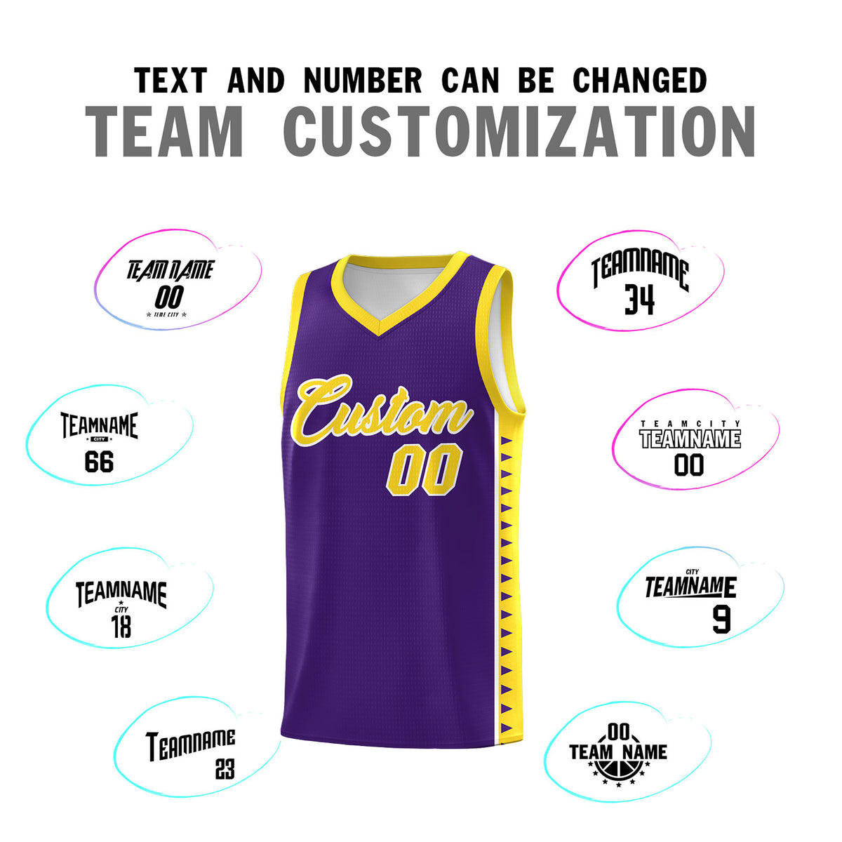 Custom Purple Gold Basketball Kits With Side Zigzag Pattern
