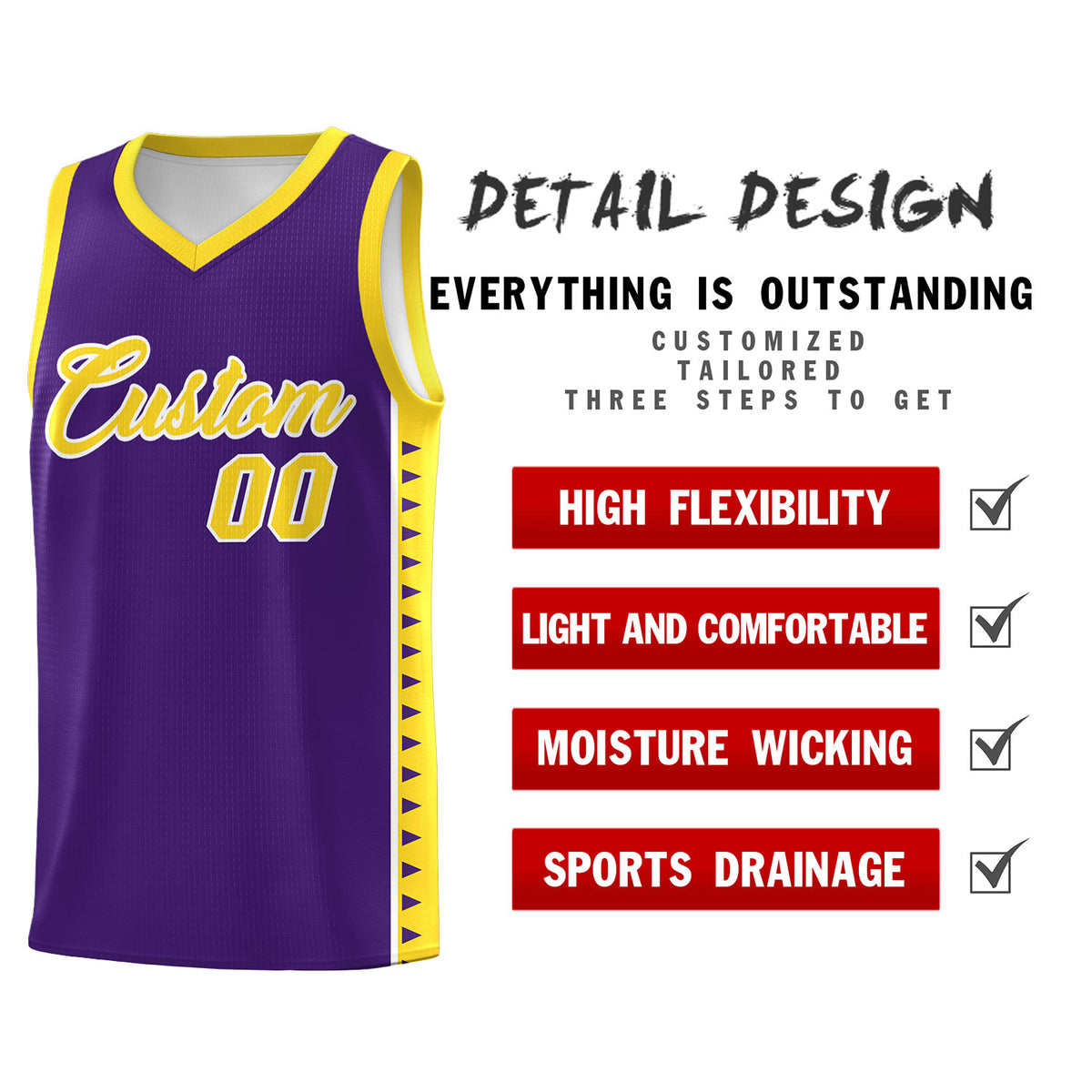 Custom Purple Gold Basketball Kits With Side Zigzag Pattern