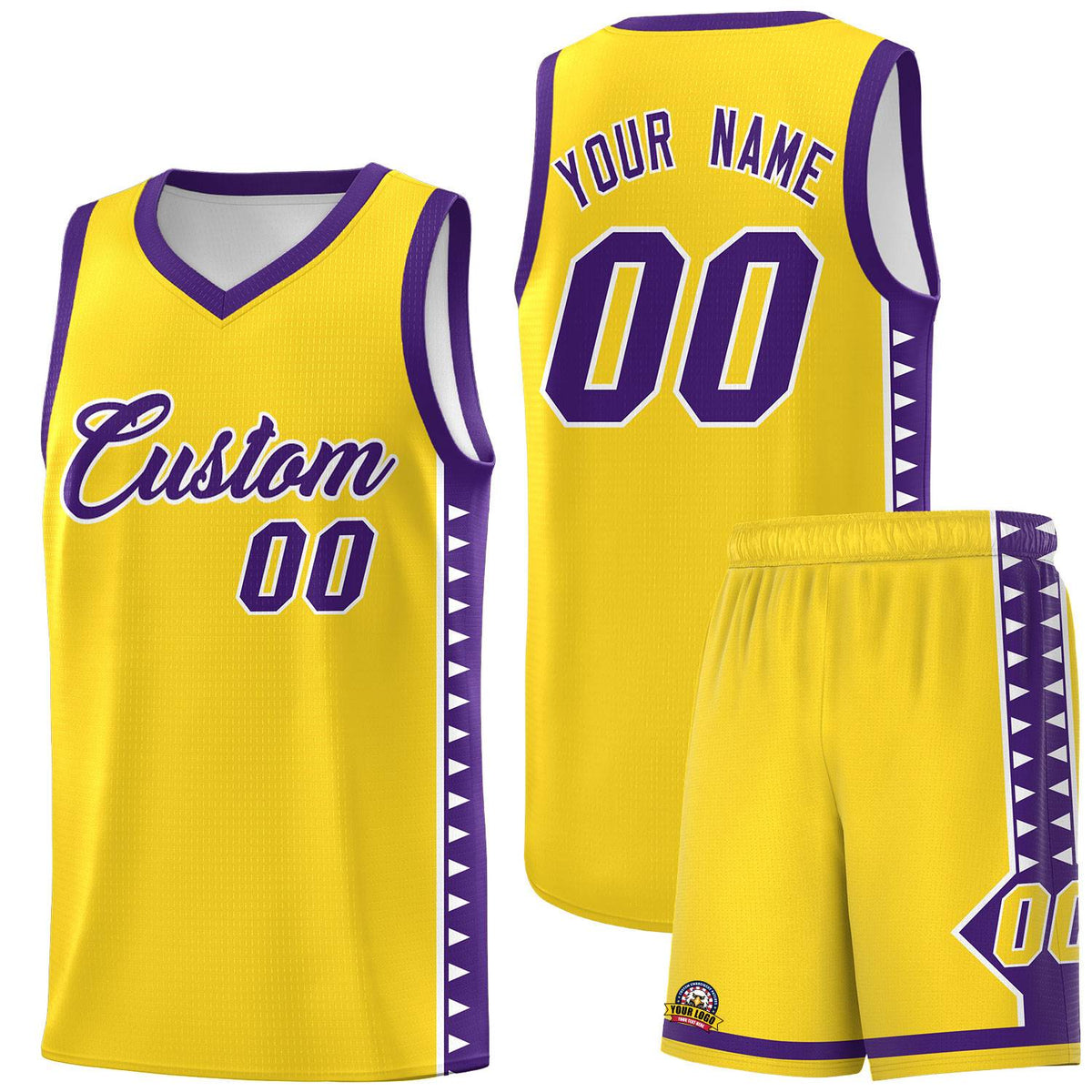 Custom Gold Purple Basketball Kits With Side Zigzag Pattern