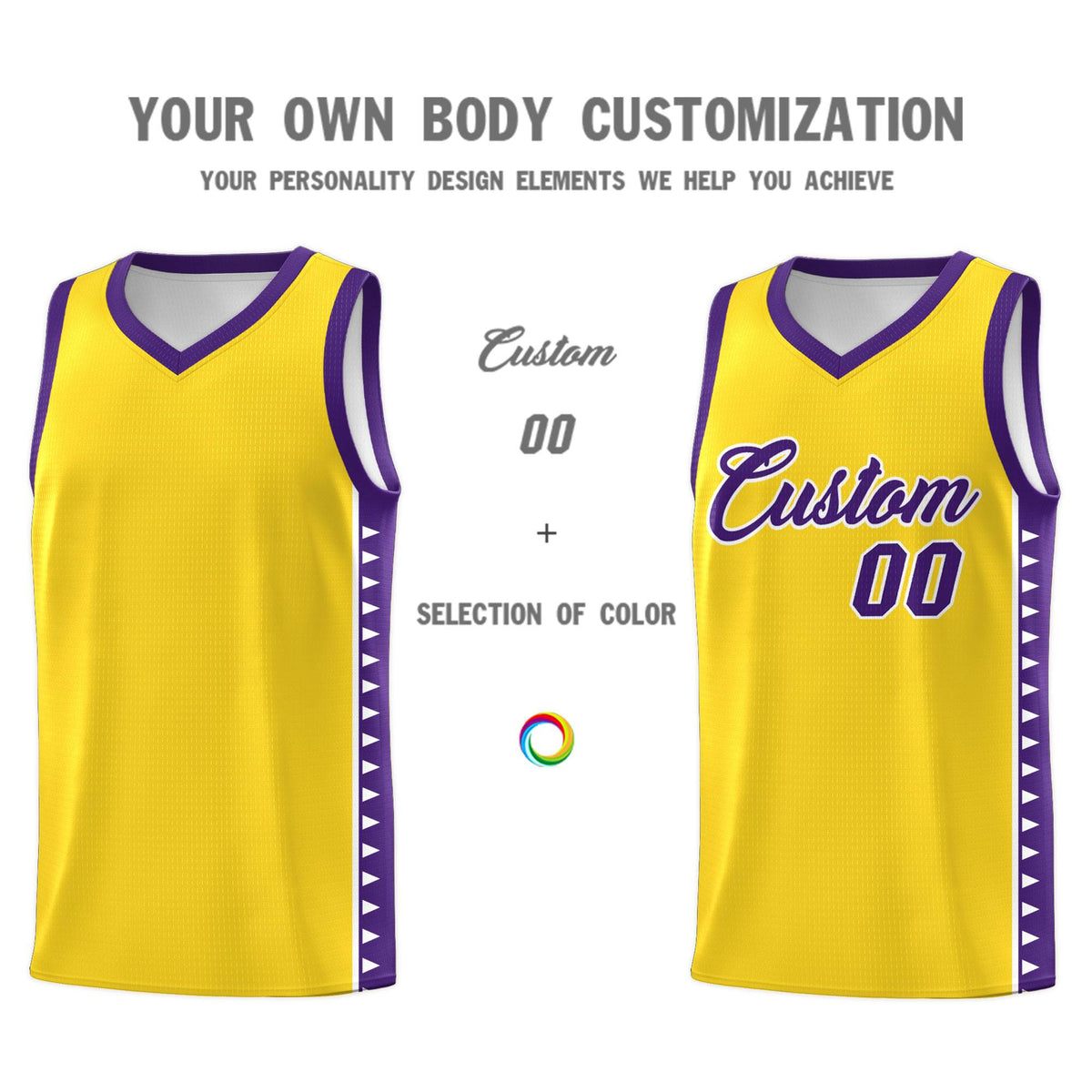Custom Gold Purple Basketball Kits With Side Zigzag Pattern