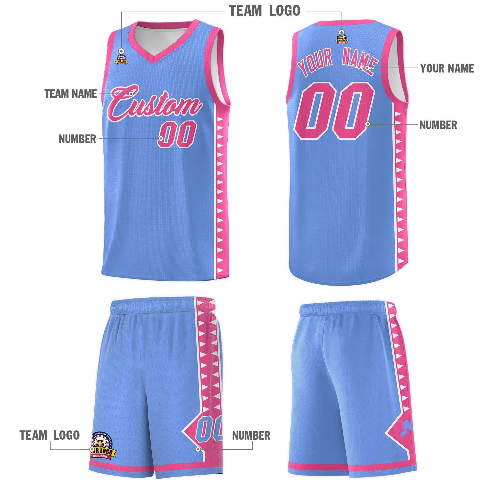 Custom Light Blue Pink Basketball Kits With Side Zigzag Pattern