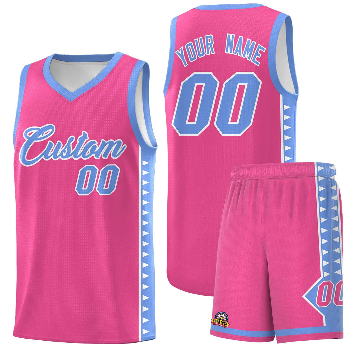 Custom Pink Light Blue Basketball Kits With Side Zigzag Pattern