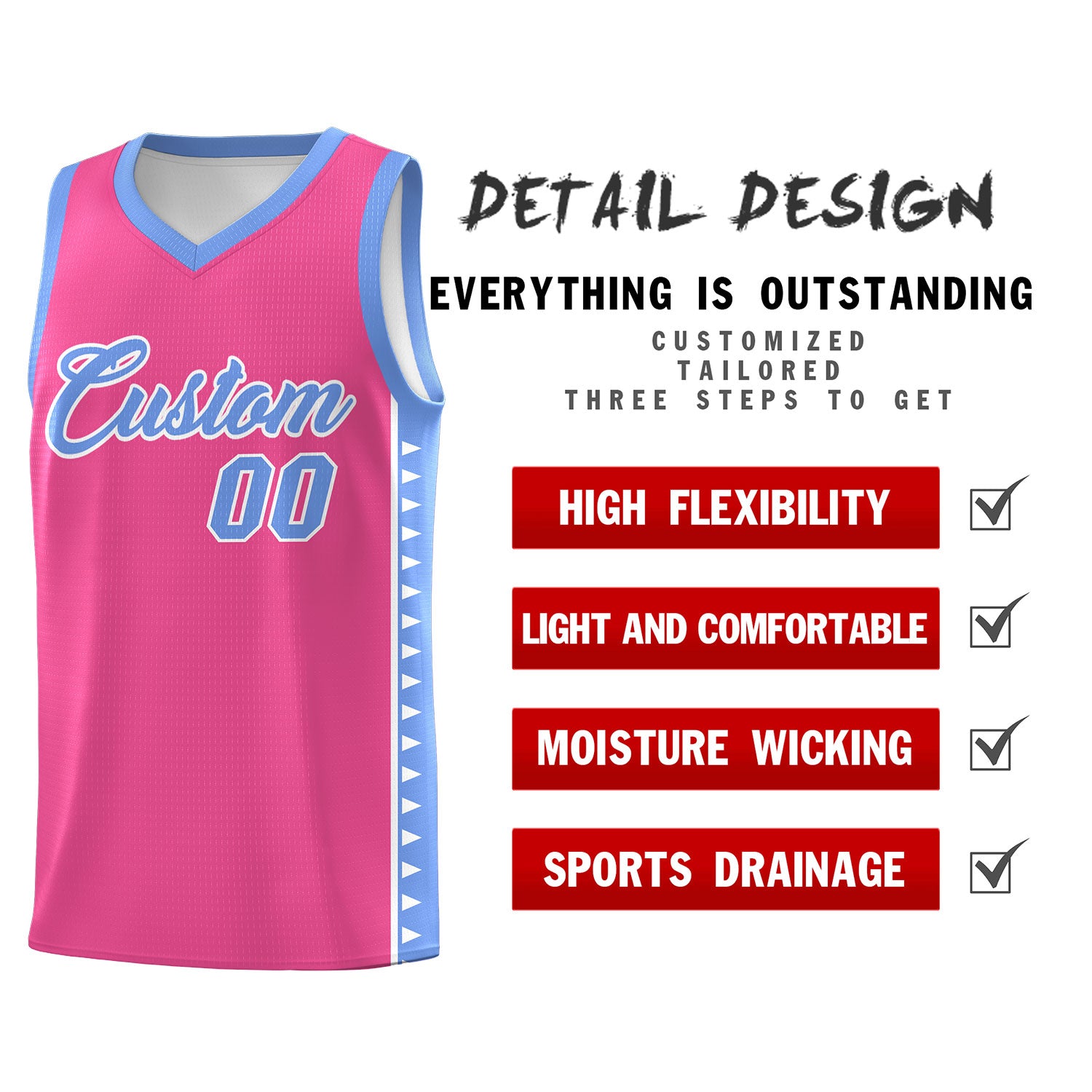 Custom Pink Light Blue Basketball Kits With Side Zigzag Pattern