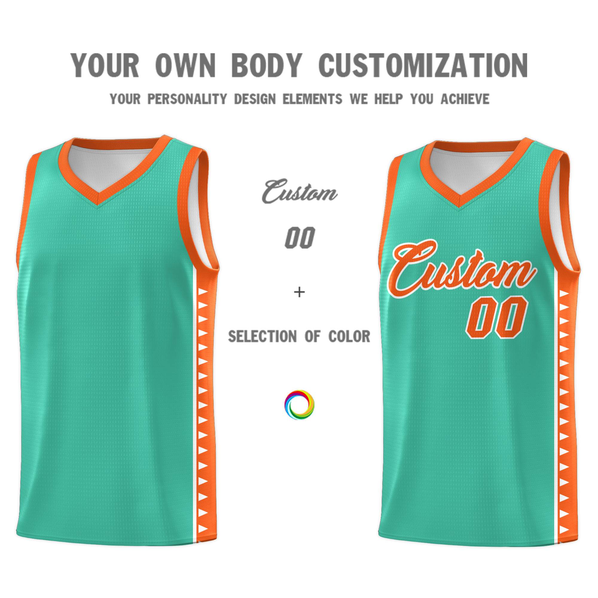 Custom Bright Green Orange Basketball Kits With Side Zigzag Pattern