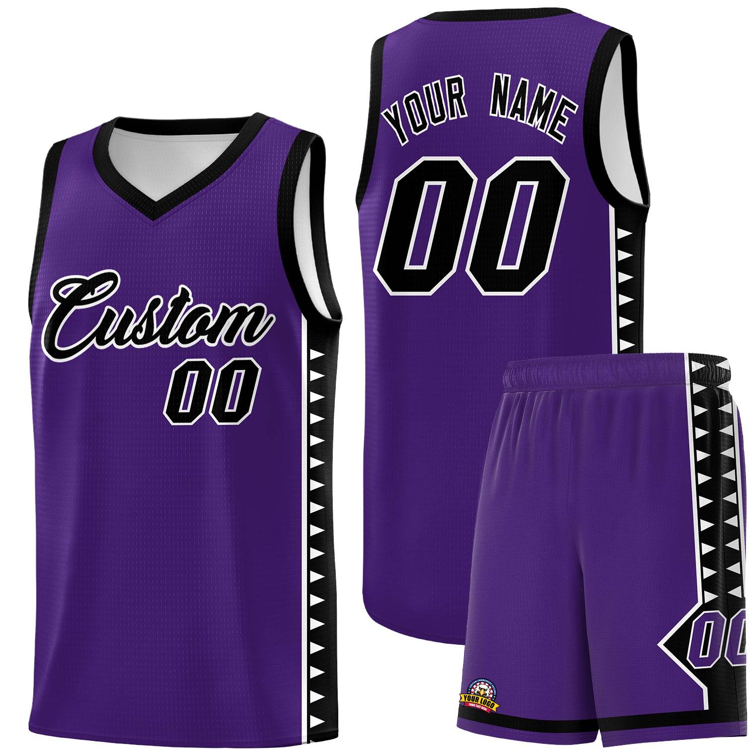 Custom Purple Black Basketball Kits With Side Zigzag Pattern
