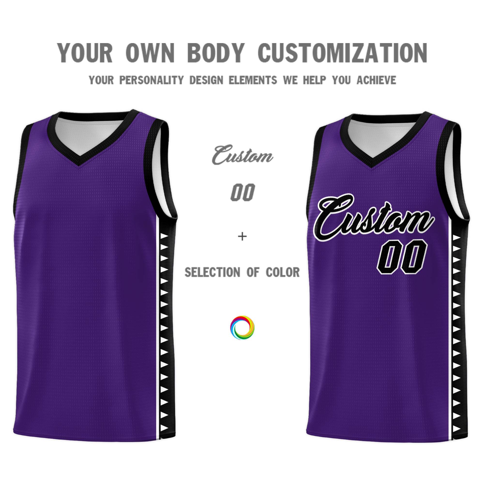 Custom Purple Black Basketball Kits With Side Zigzag Pattern