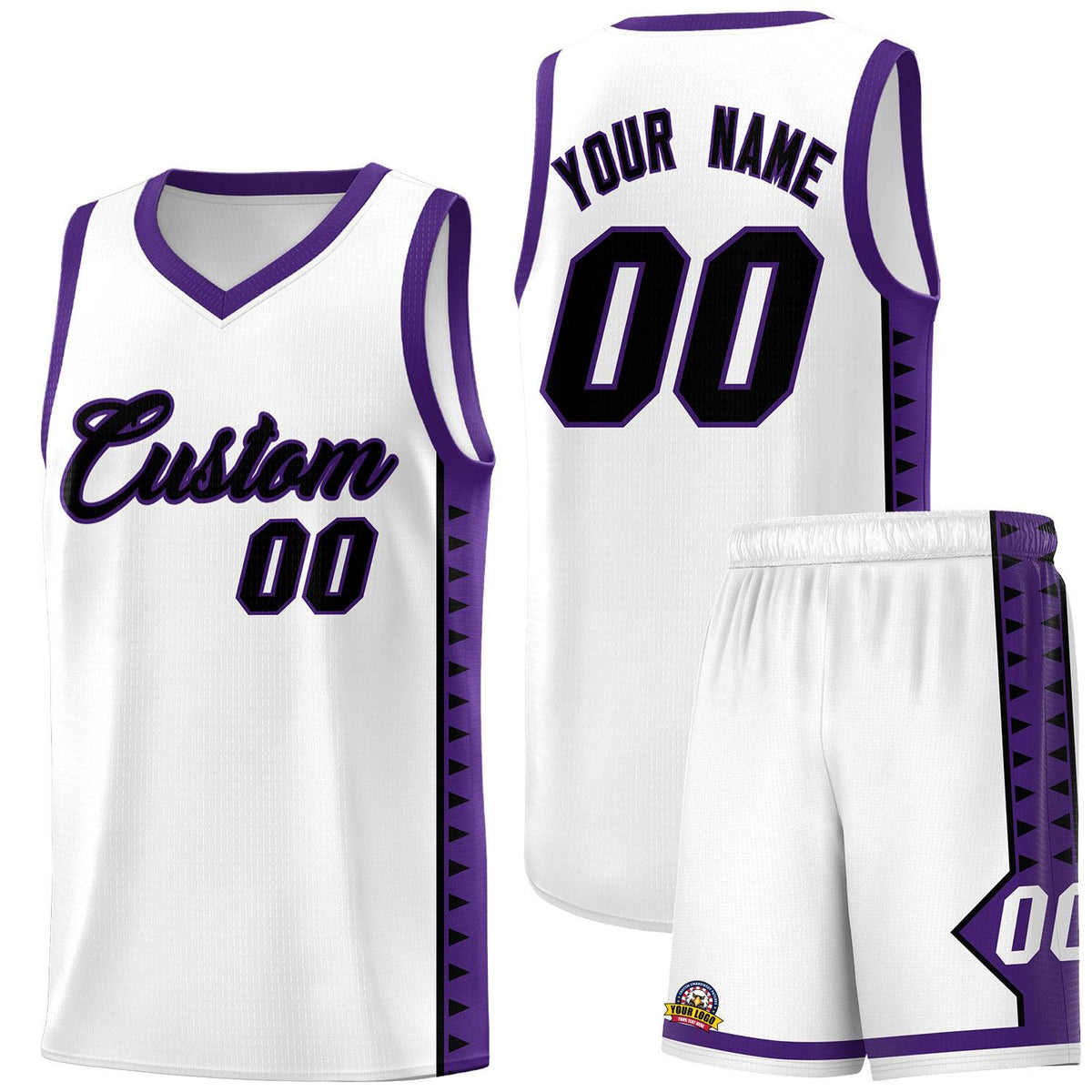 Custom White Purple Basketball Kits With Side Zigzag Pattern