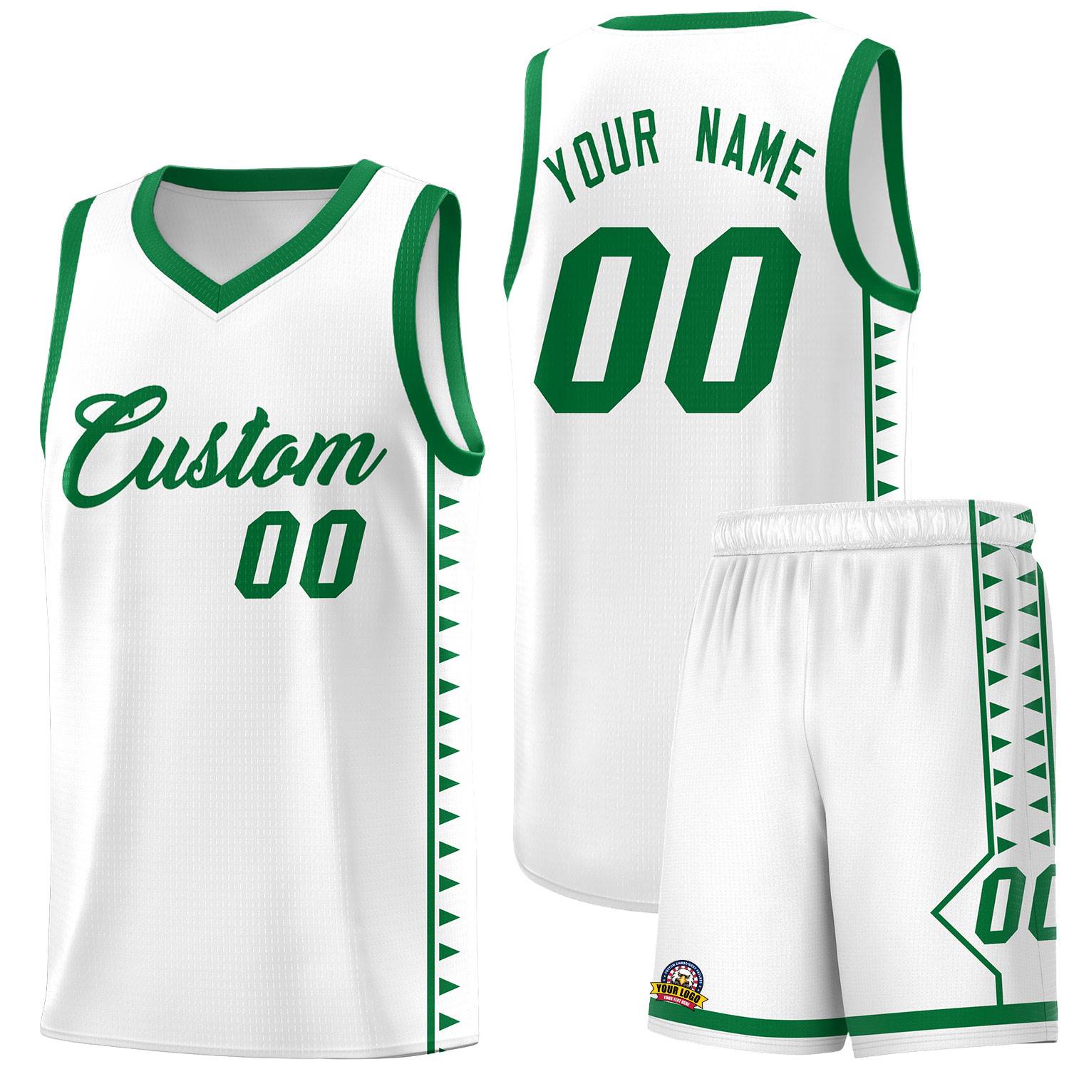 Custom White Kelly Green Basketball Kits With Side Zigzag Pattern