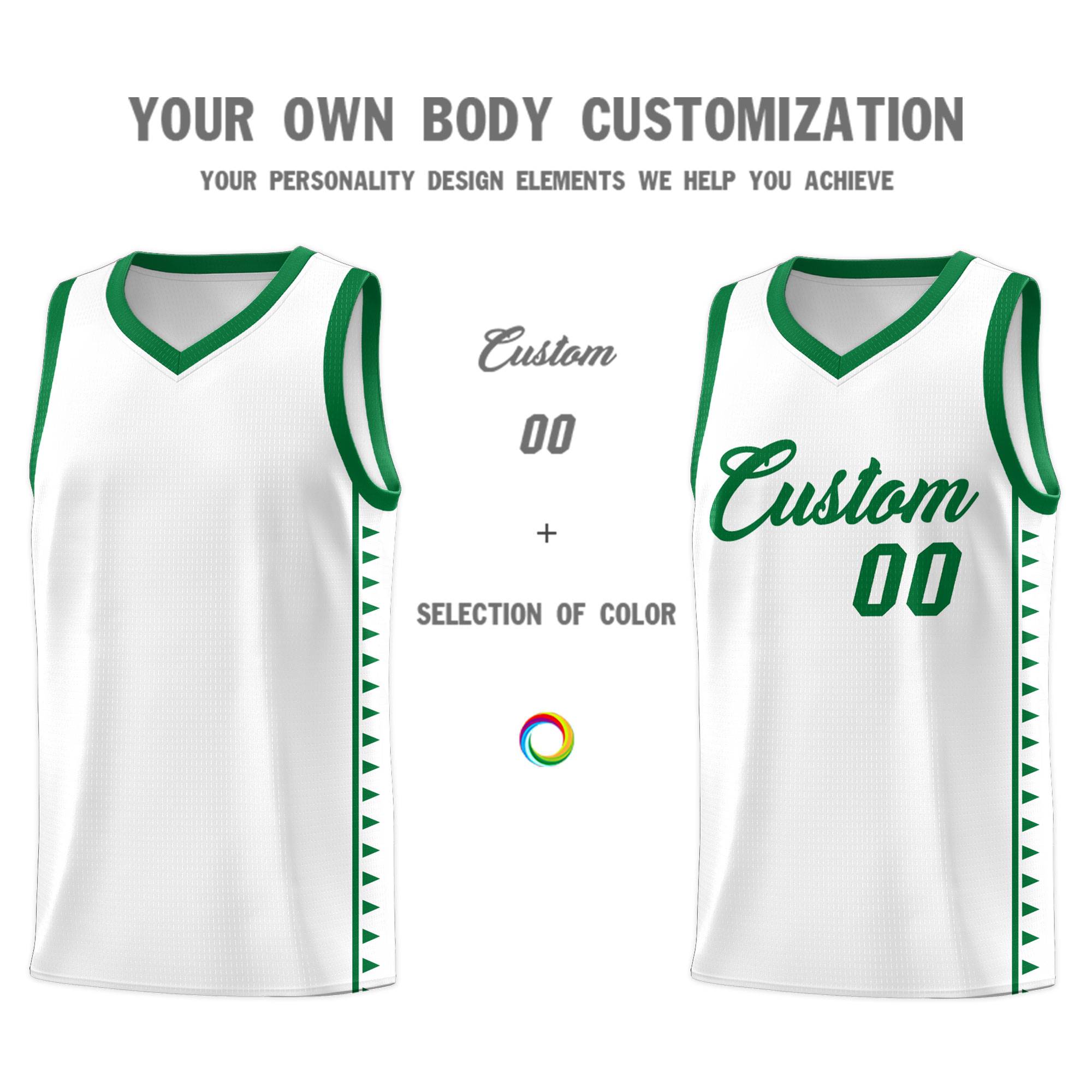 Custom White Kelly Green Basketball Kits With Side Zigzag Pattern