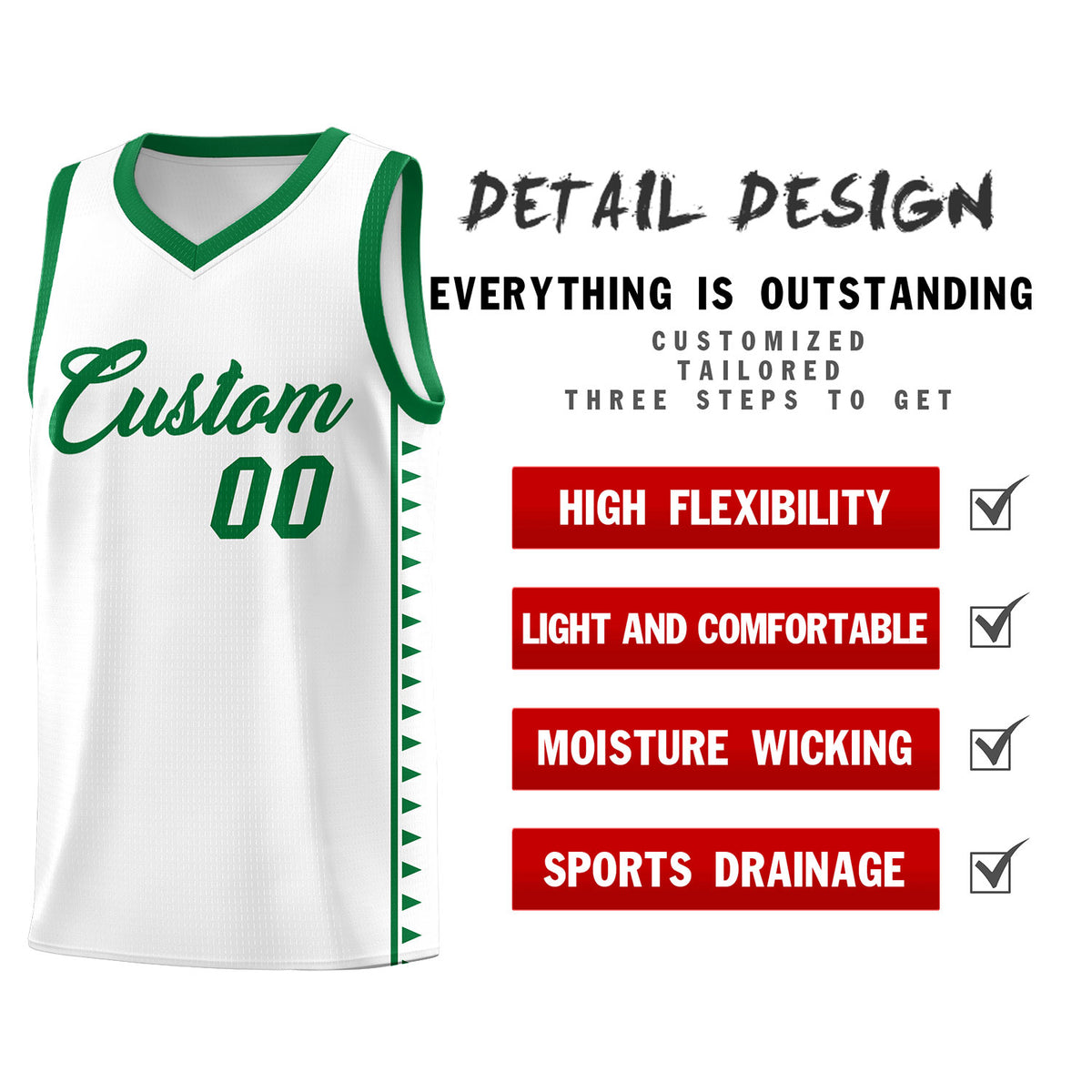 Custom White Kelly Green Basketball Kits With Side Zigzag Pattern