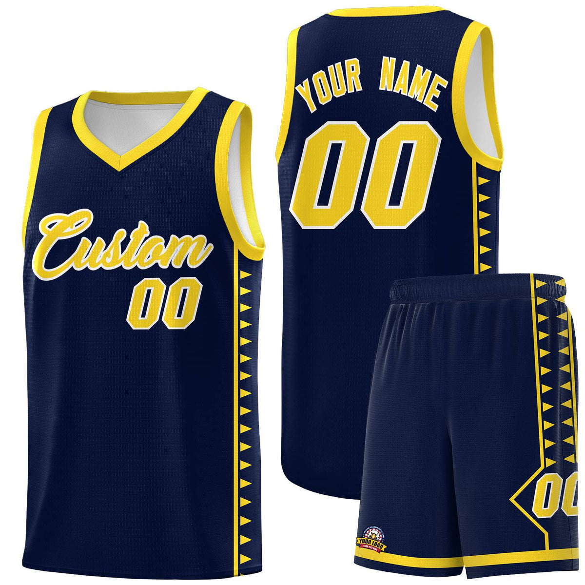 Custom Navy Gold Basketball Kits With Side Zigzag Pattern