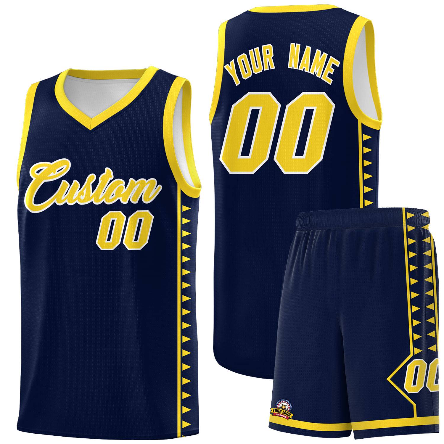 Custom Navy Gold Basketball Kits With Side Zigzag Pattern