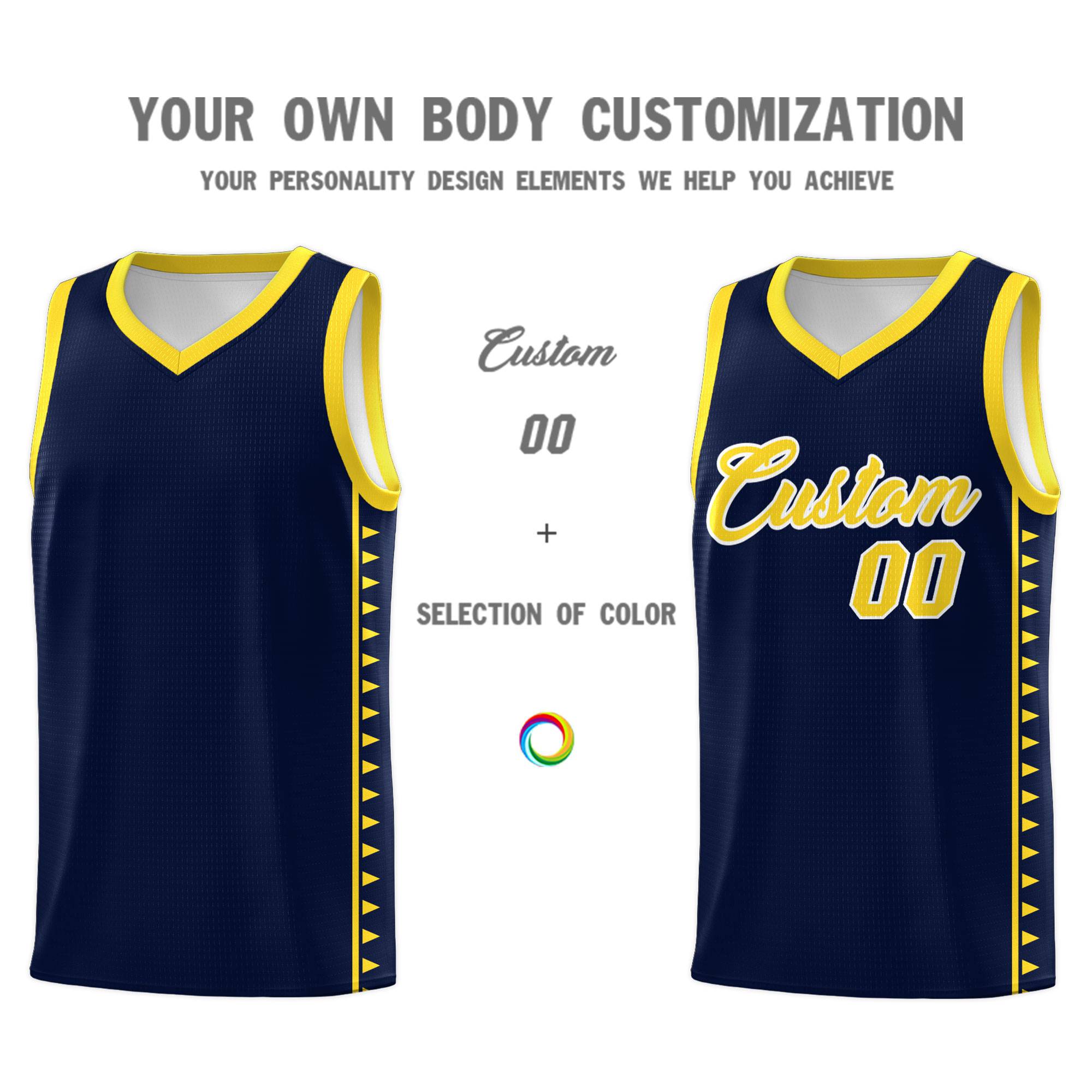 Custom Navy Gold Basketball Kits With Side Zigzag Pattern