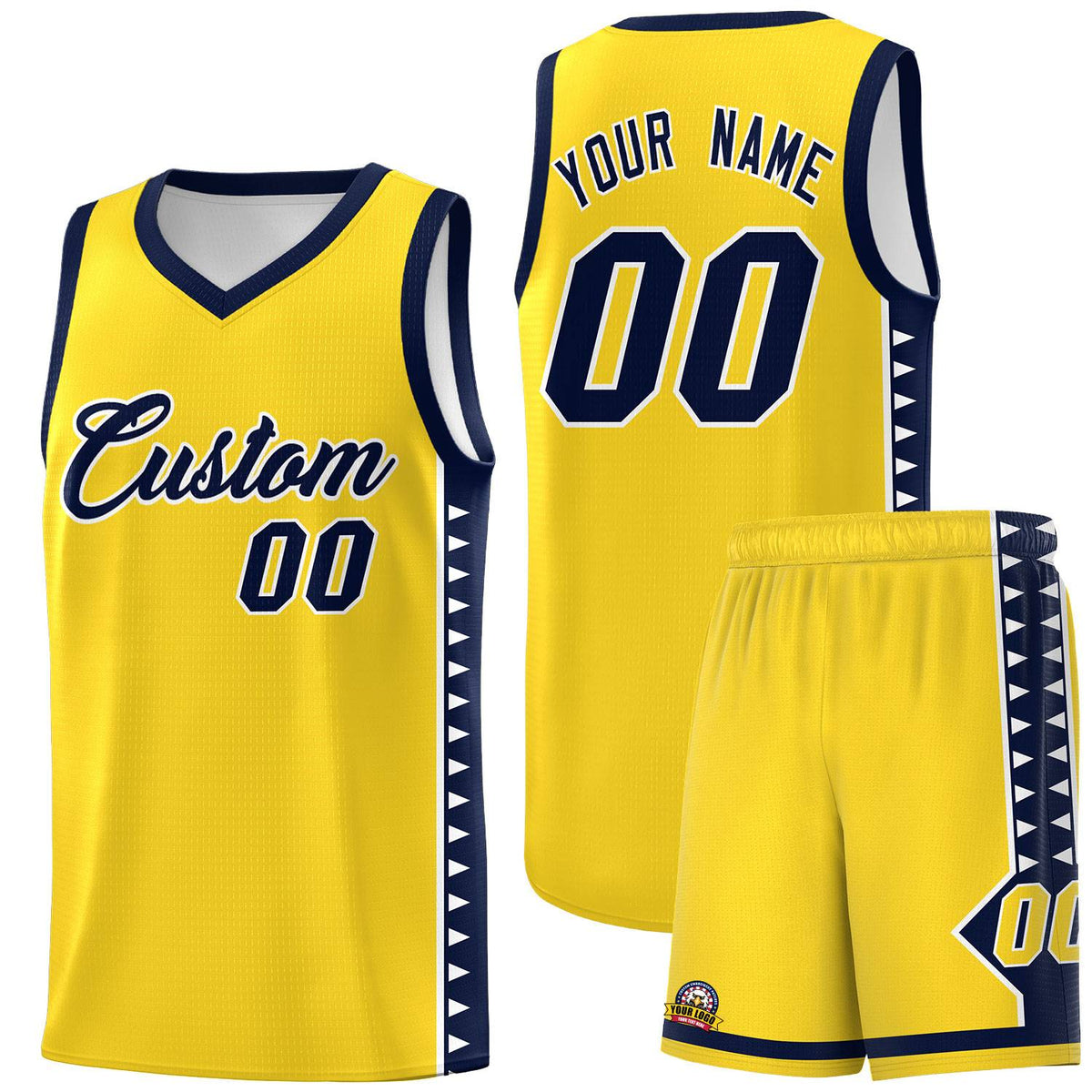 Custom Gold Navy Basketball Kits With Side Zigzag Pattern