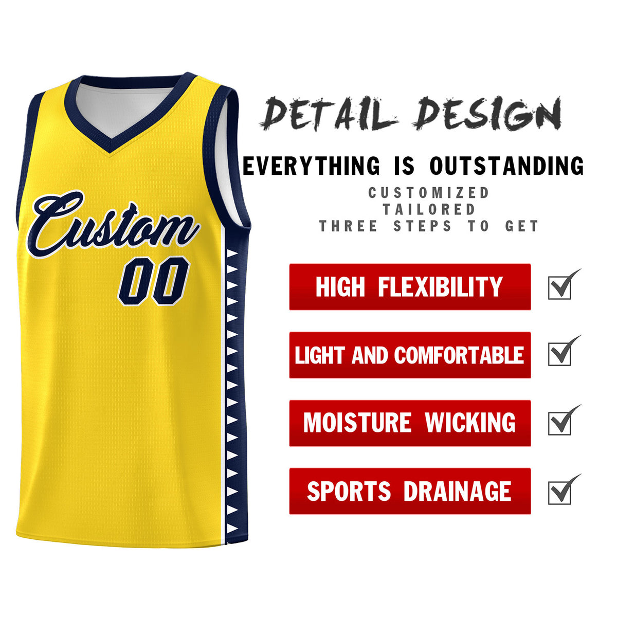 Custom Gold Navy Basketball Kits With Side Zigzag Pattern