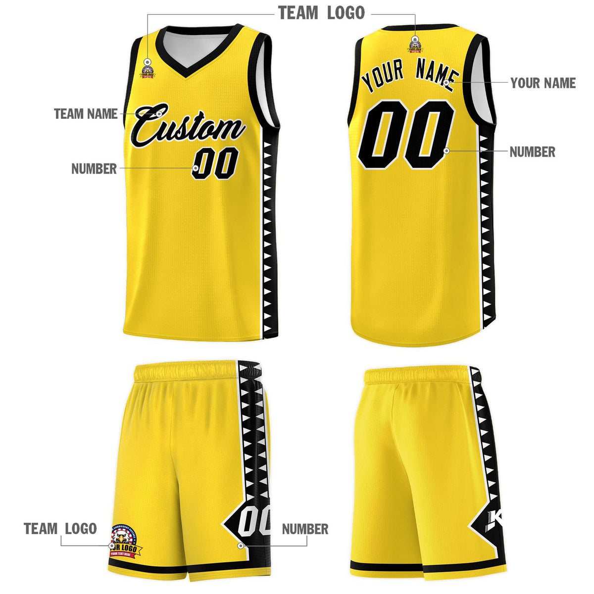Custom Gold Black Basketball Kits With Side Zigzag Pattern