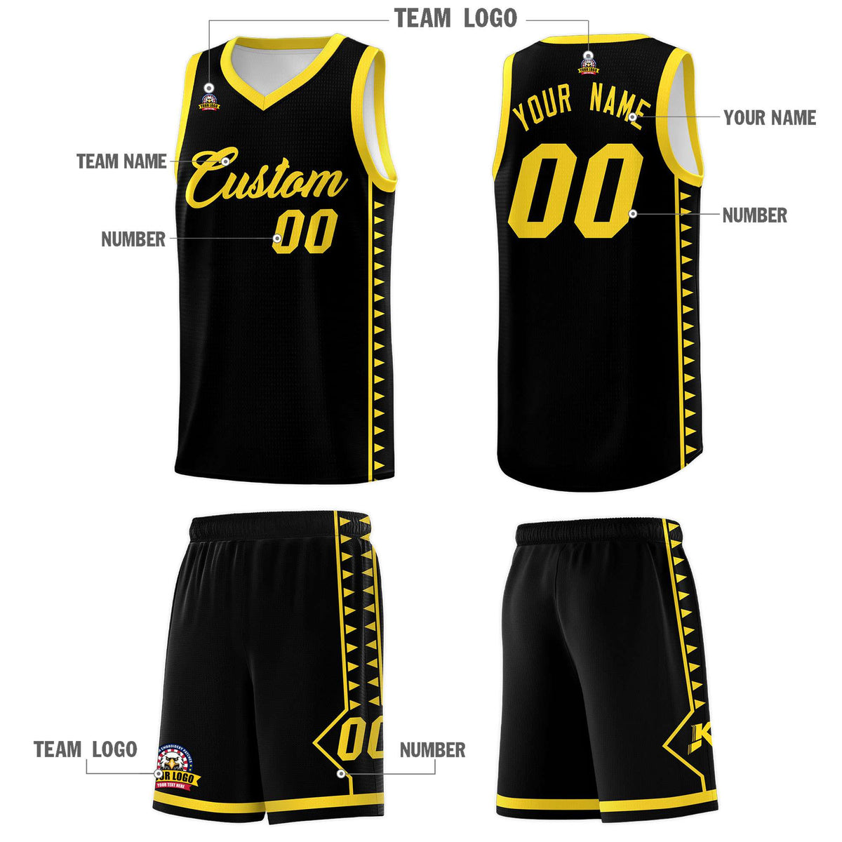 Custom Black Gold Basketball Kits With Side Zigzag Pattern