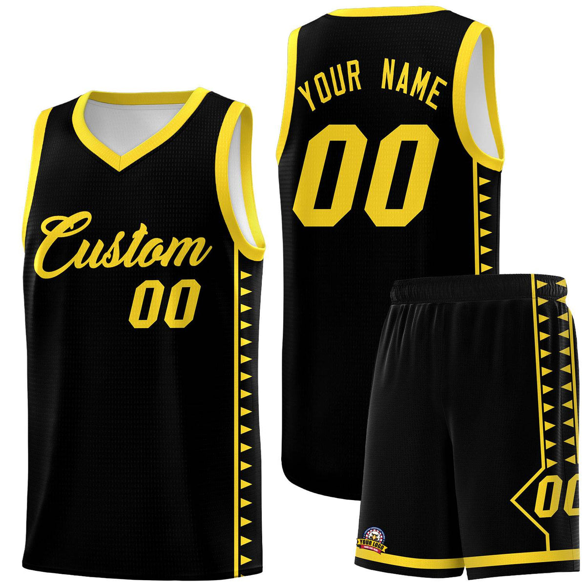 Custom Black Gold Basketball Kits With Side Zigzag Pattern