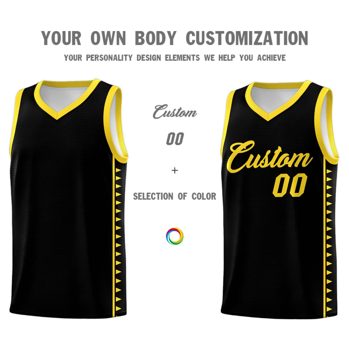 Custom Black Gold Basketball Kits With Side Zigzag Pattern