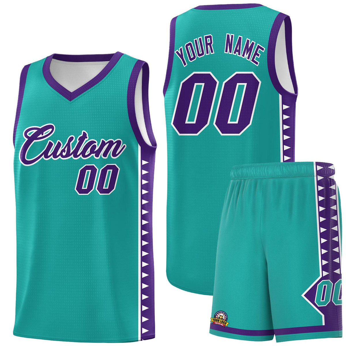 Custom Aqua Purple Basketball Kits With Side Zigzag Pattern
