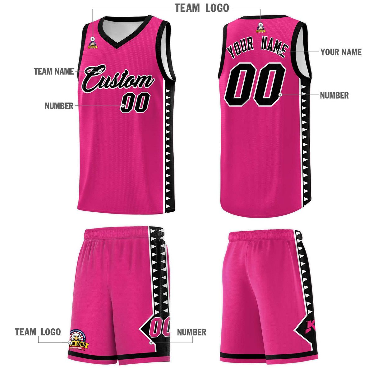 Custom Rose Red Black Basketball Kits With Side Zigzag Pattern