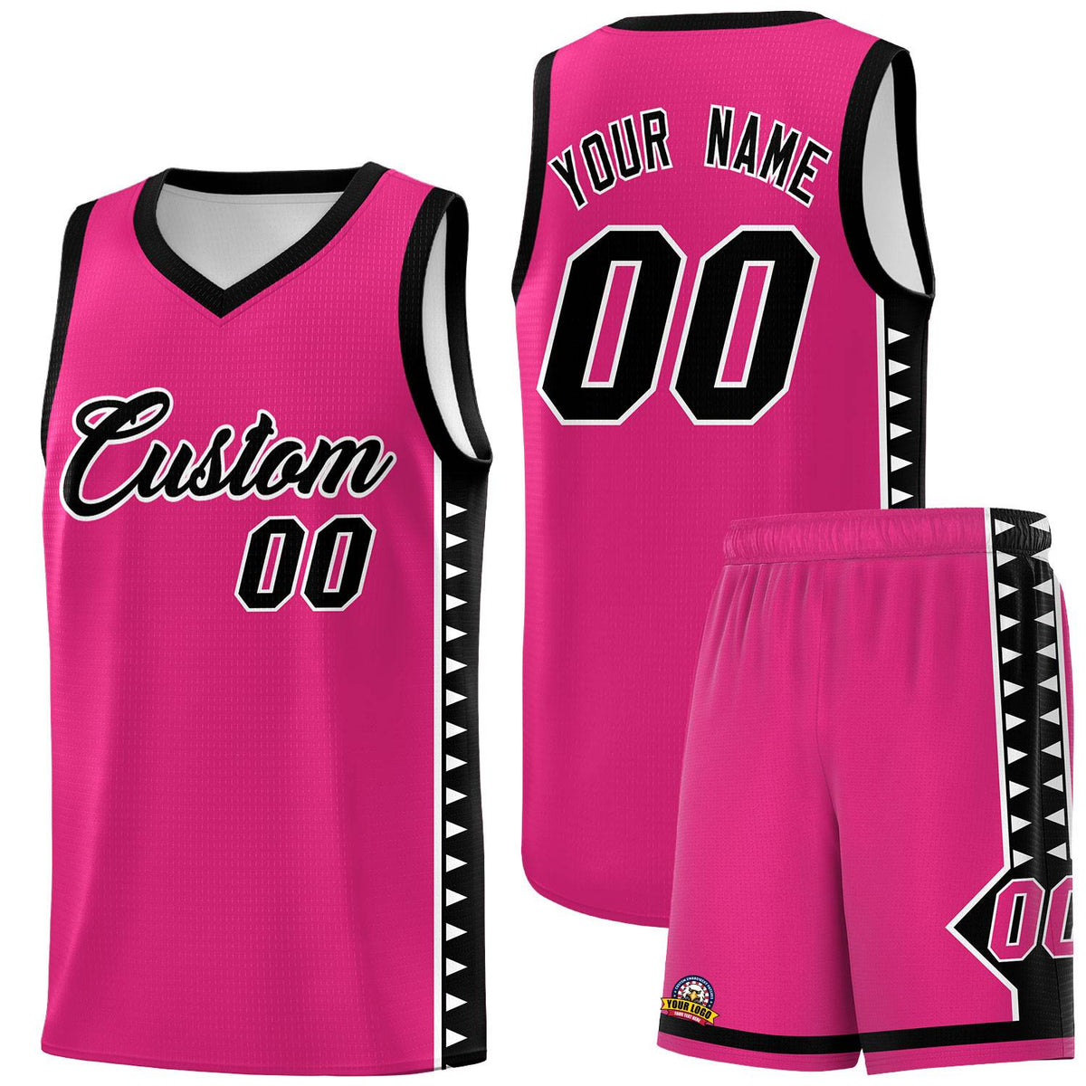 Custom Rose Red Black Basketball Kits With Side Zigzag Pattern