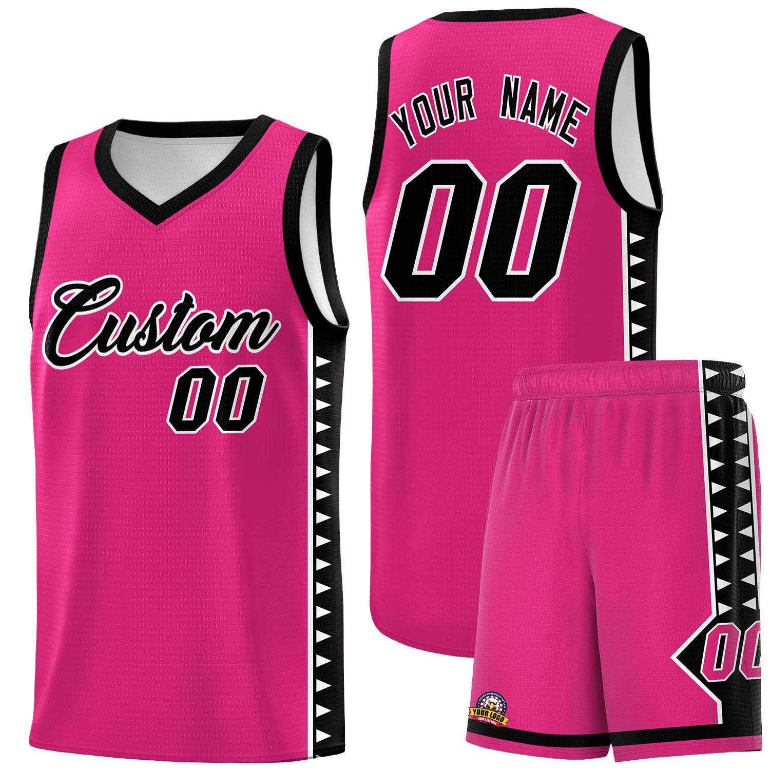 Custom Rose Red Black Basketball Kits With Side Zigzag Pattern