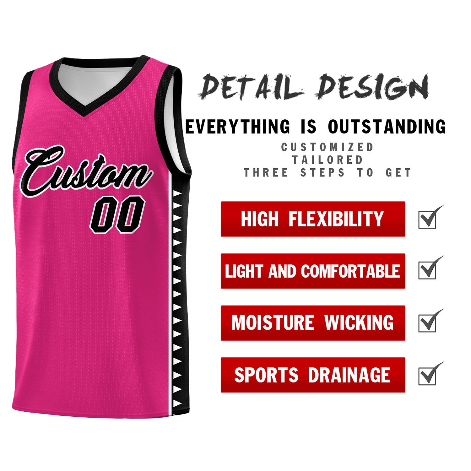 Custom Rose Red Black Basketball Kits With Side Zigzag Pattern