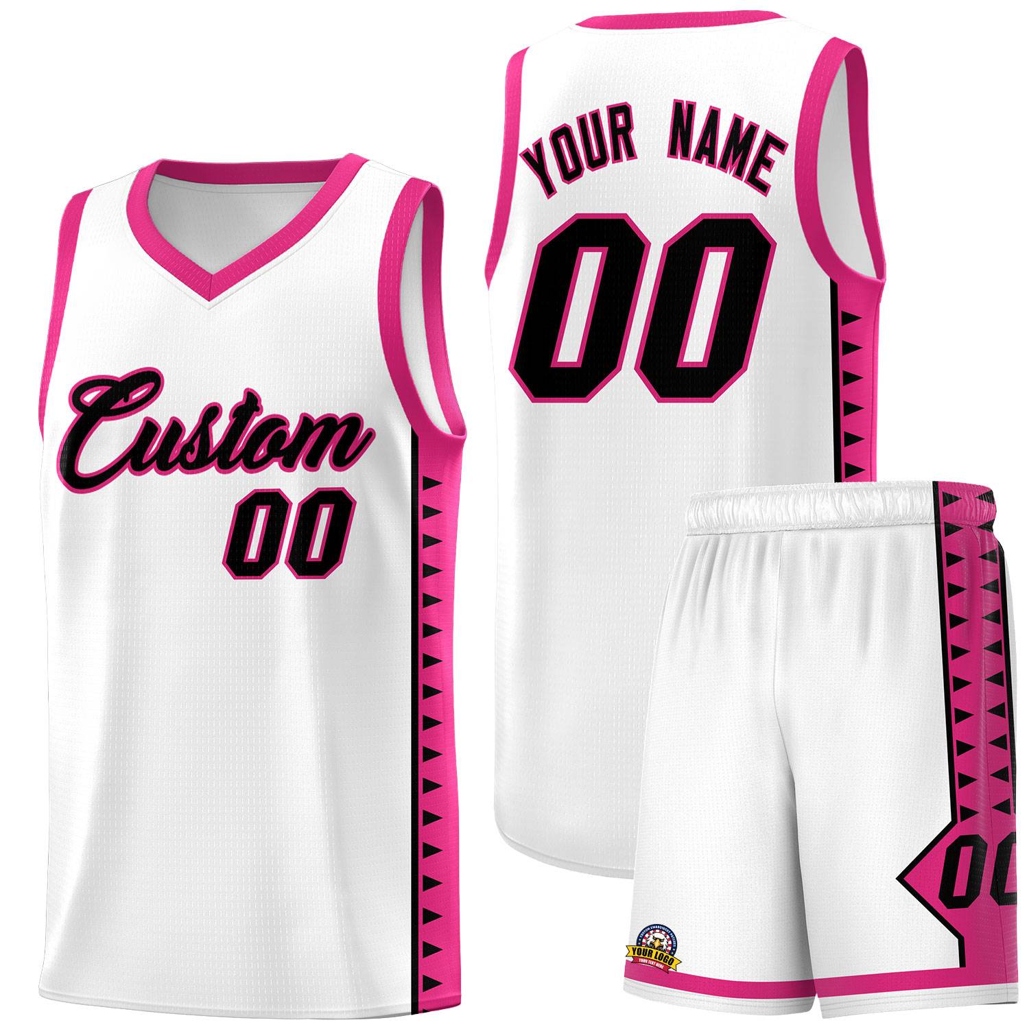 Custom White Rose Red Basketball Kits With Side Zigzag Pattern