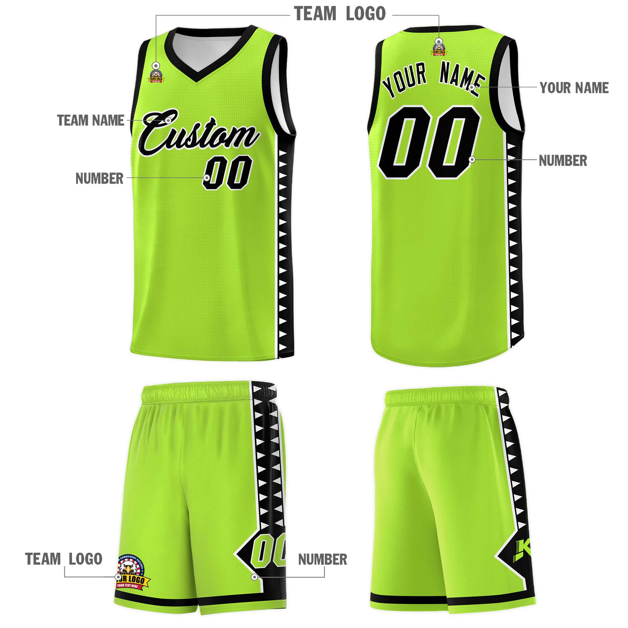 Custom Neon Green Black Basketball Kits With Side Zigzag Pattern