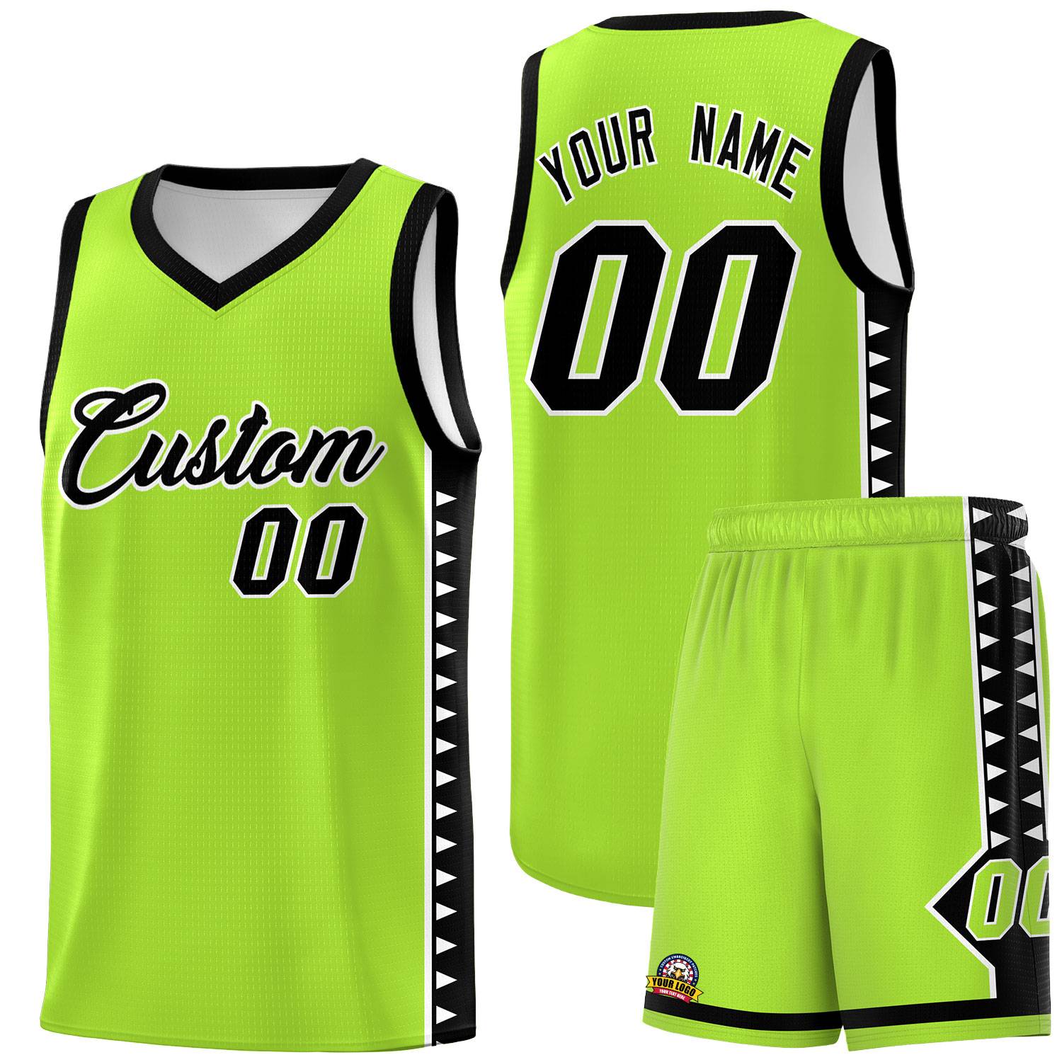 Custom Neon Green Black Basketball Kits With Side Zigzag Pattern