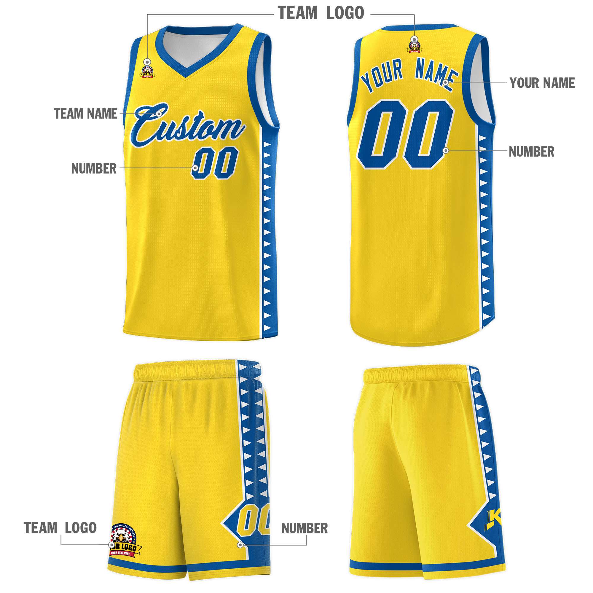 Custom Gold Royal Basketball Kits With Side Zigzag Pattern