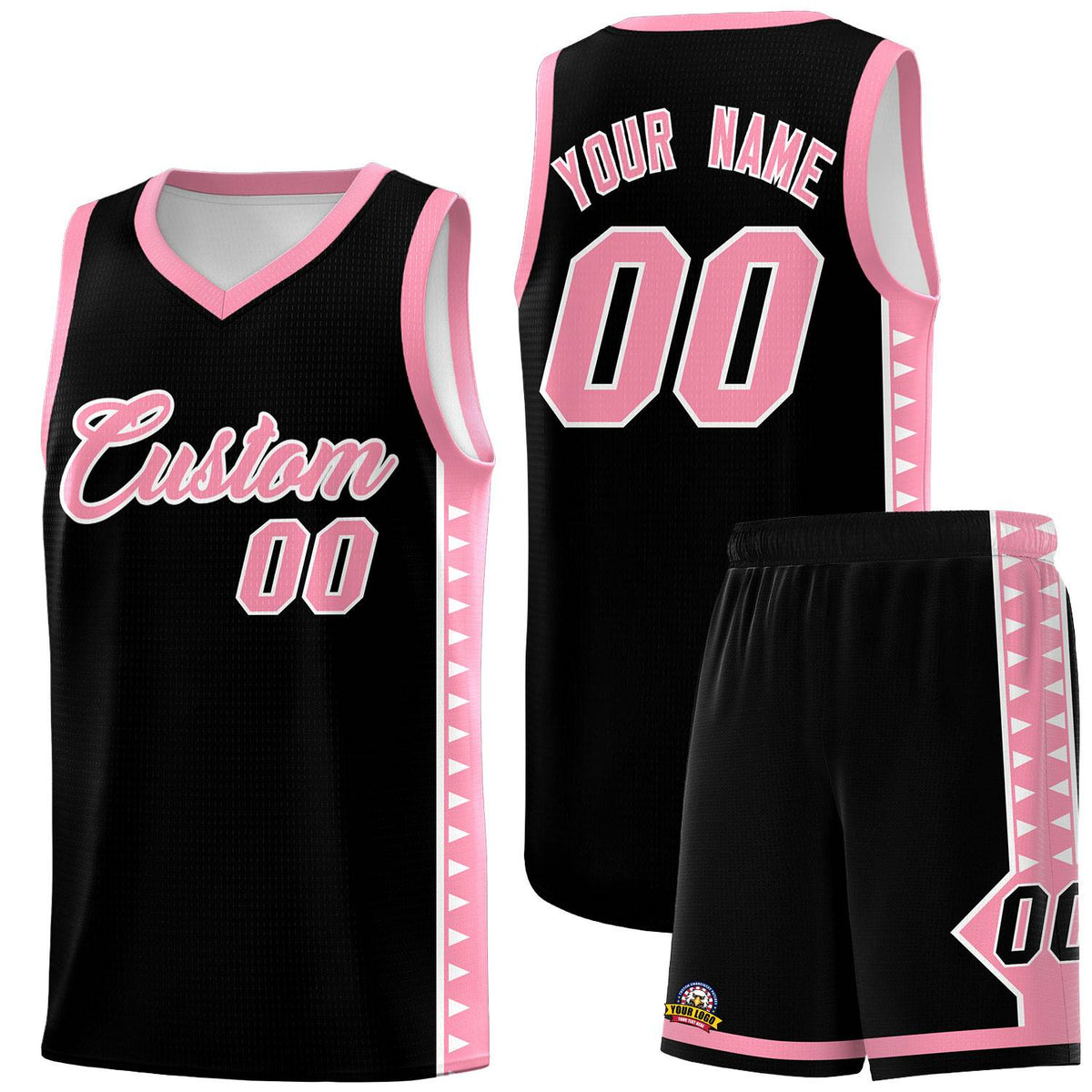 Custom Black Light Pink Basketball Kits With Side Zigzag Pattern