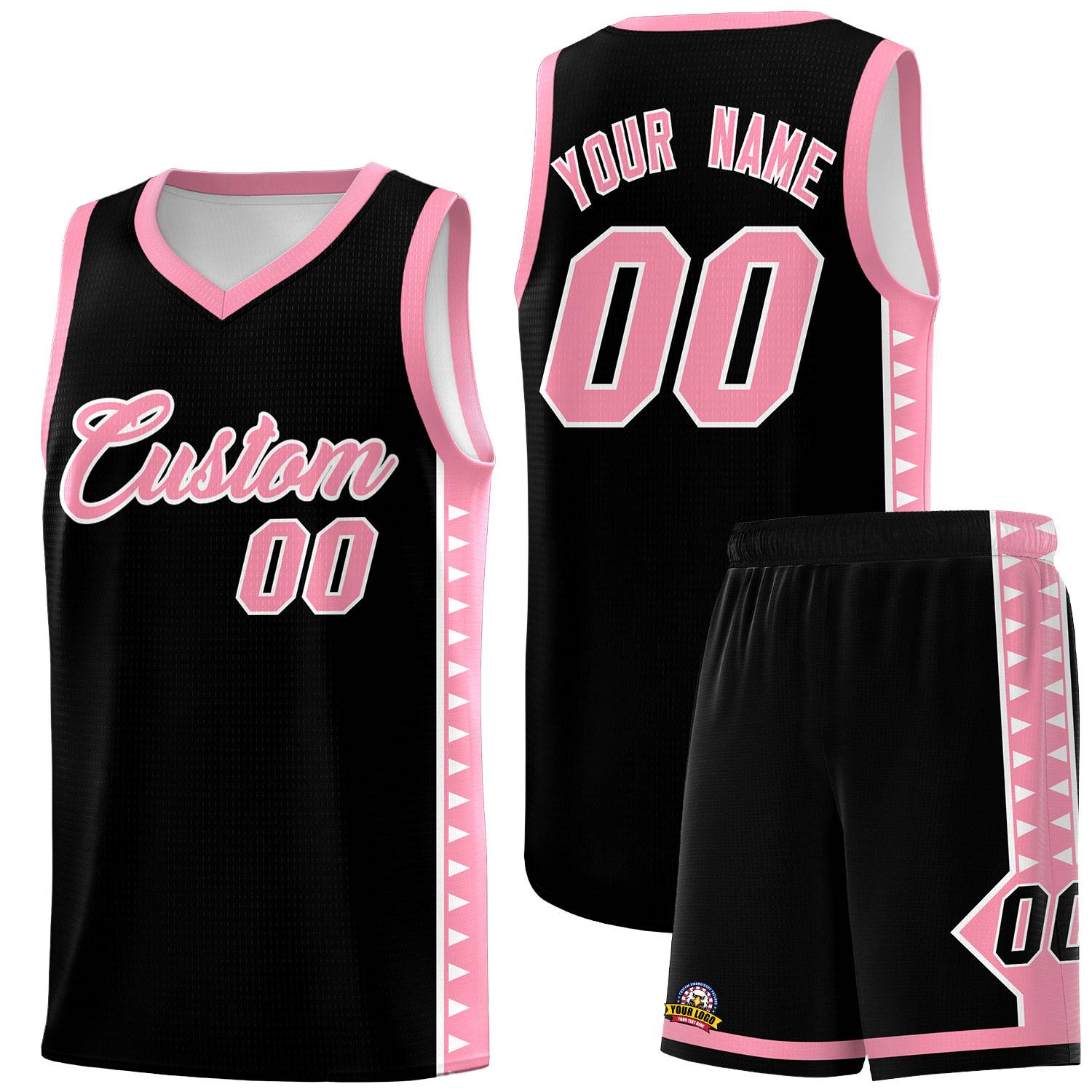 Custom Black Light Pink Basketball Kits With Side Zigzag Pattern