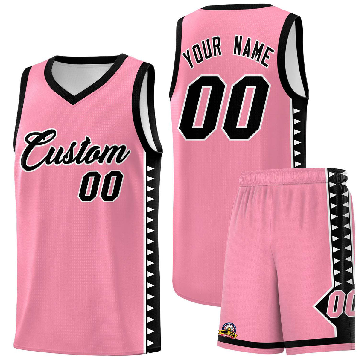 Custom Light Pink Black Basketball Kits With Side Zigzag Pattern