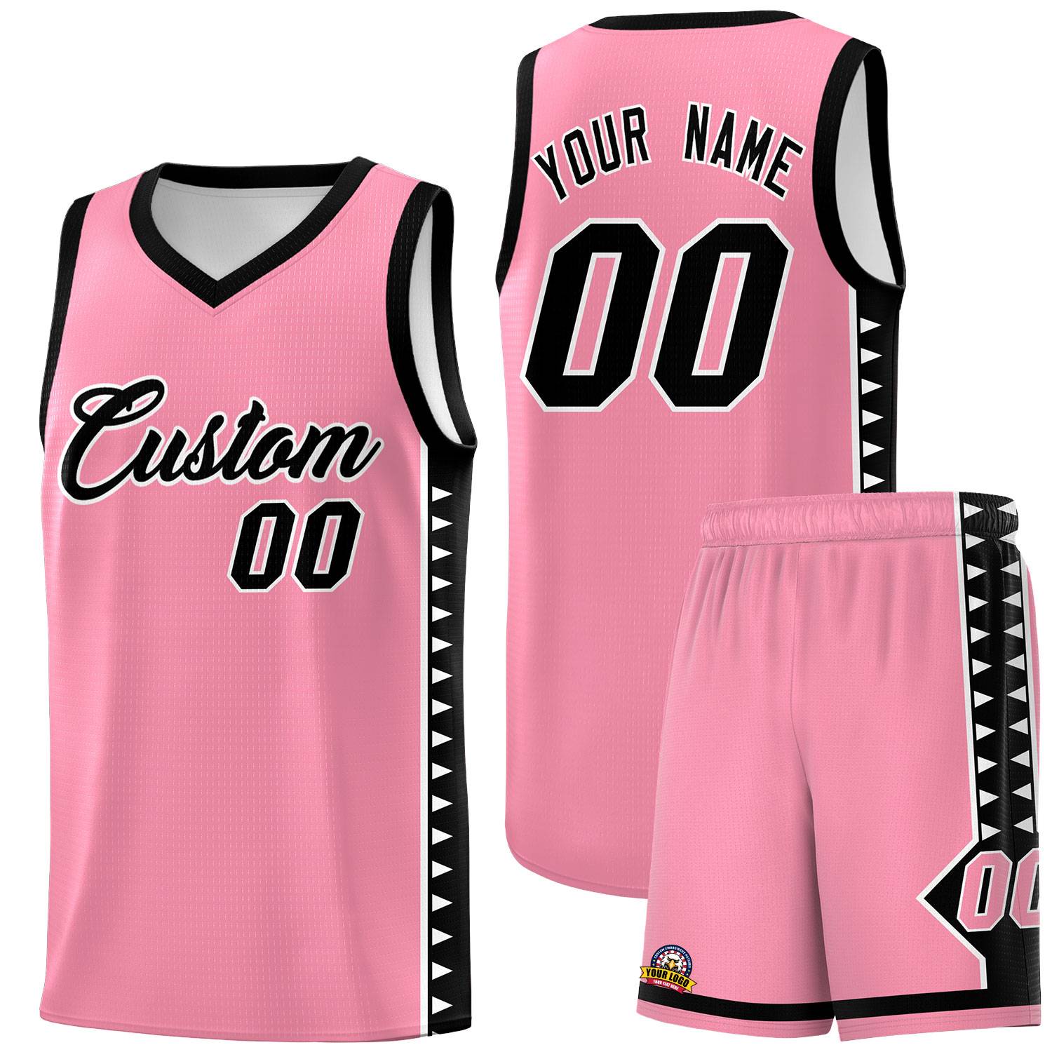 Custom Light Pink Black Basketball Kits With Side Zigzag Pattern