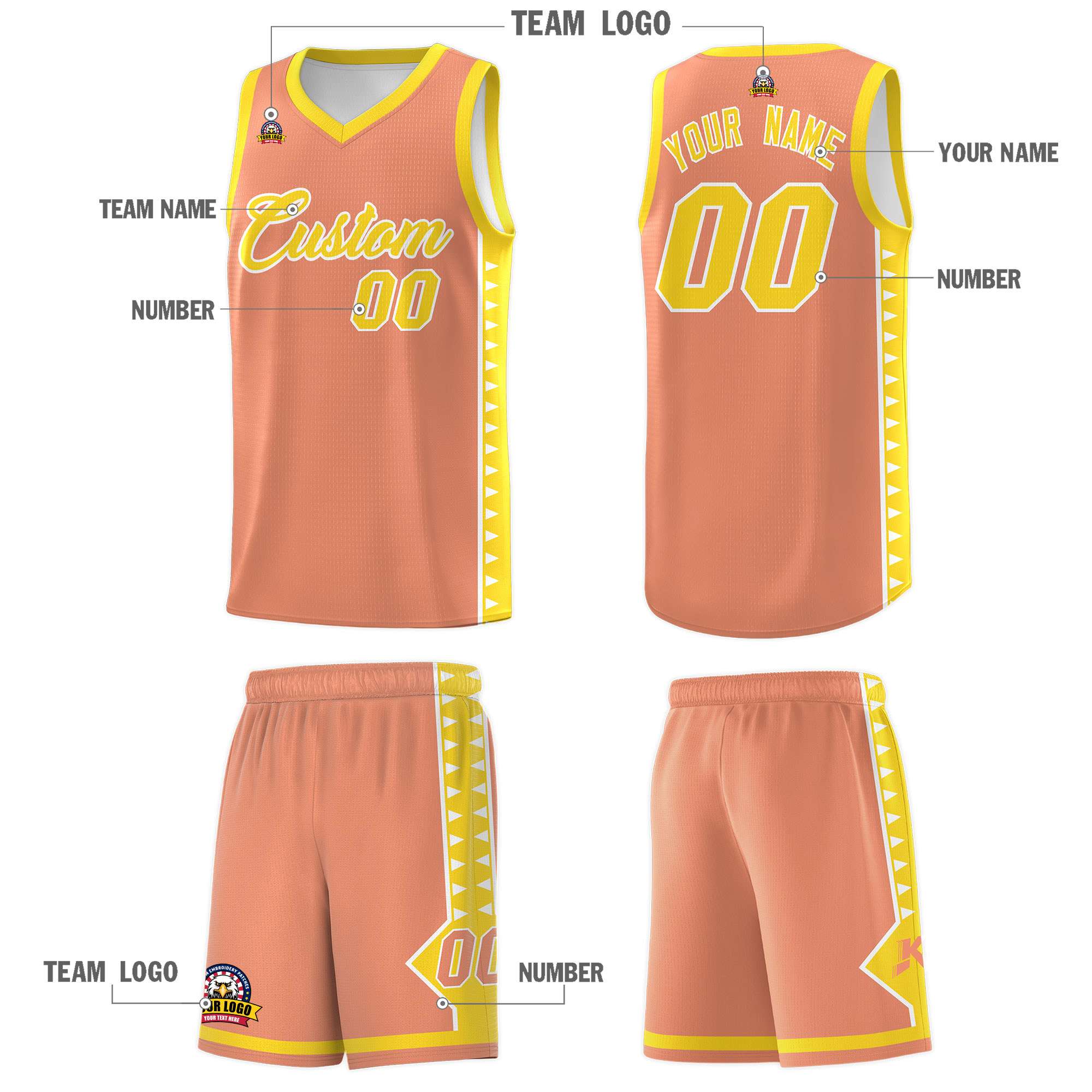 Custom Light Orange Gold Basketball Kits With Side Zigzag Pattern