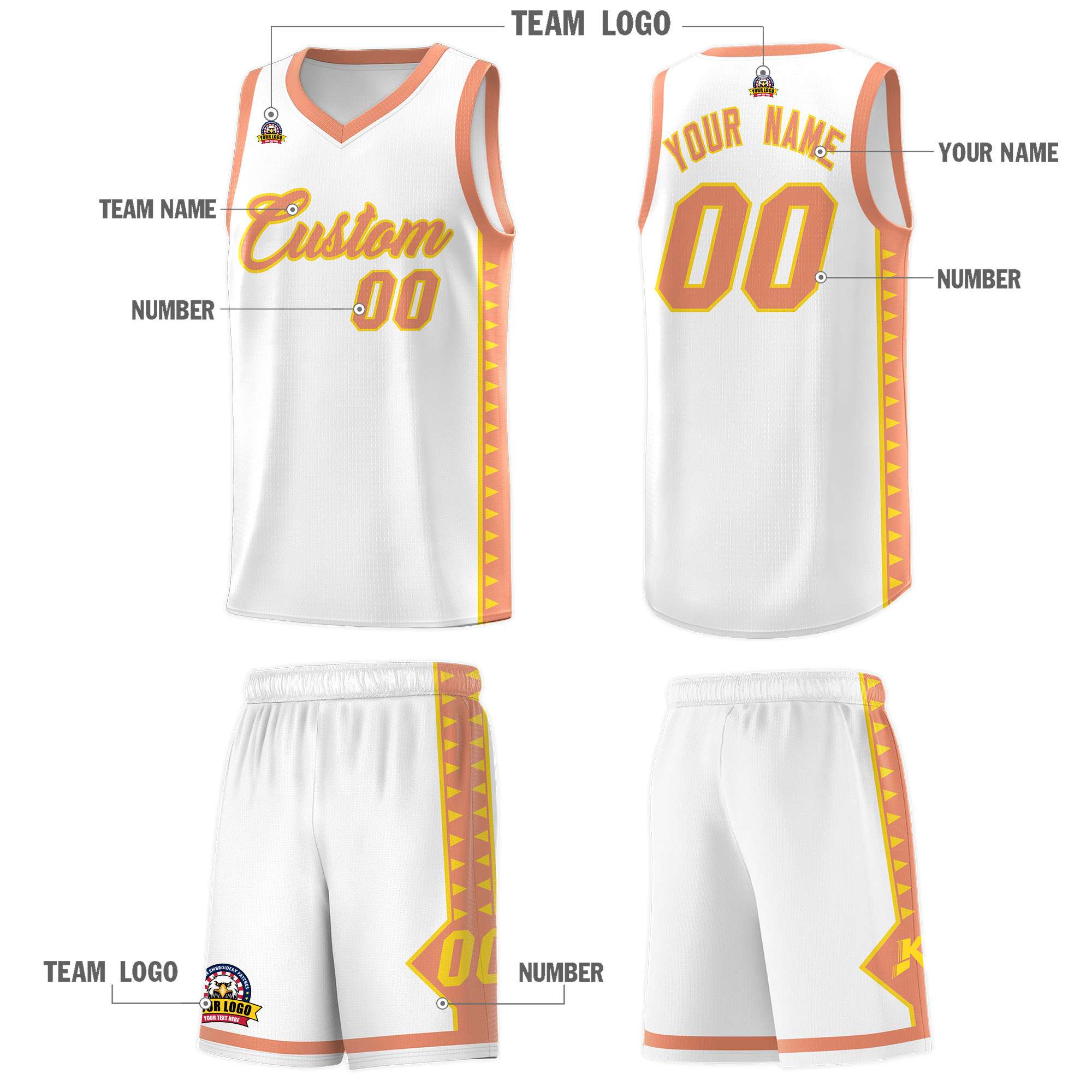 Custom White Light Orange Basketball Kits With Side Zigzag Pattern