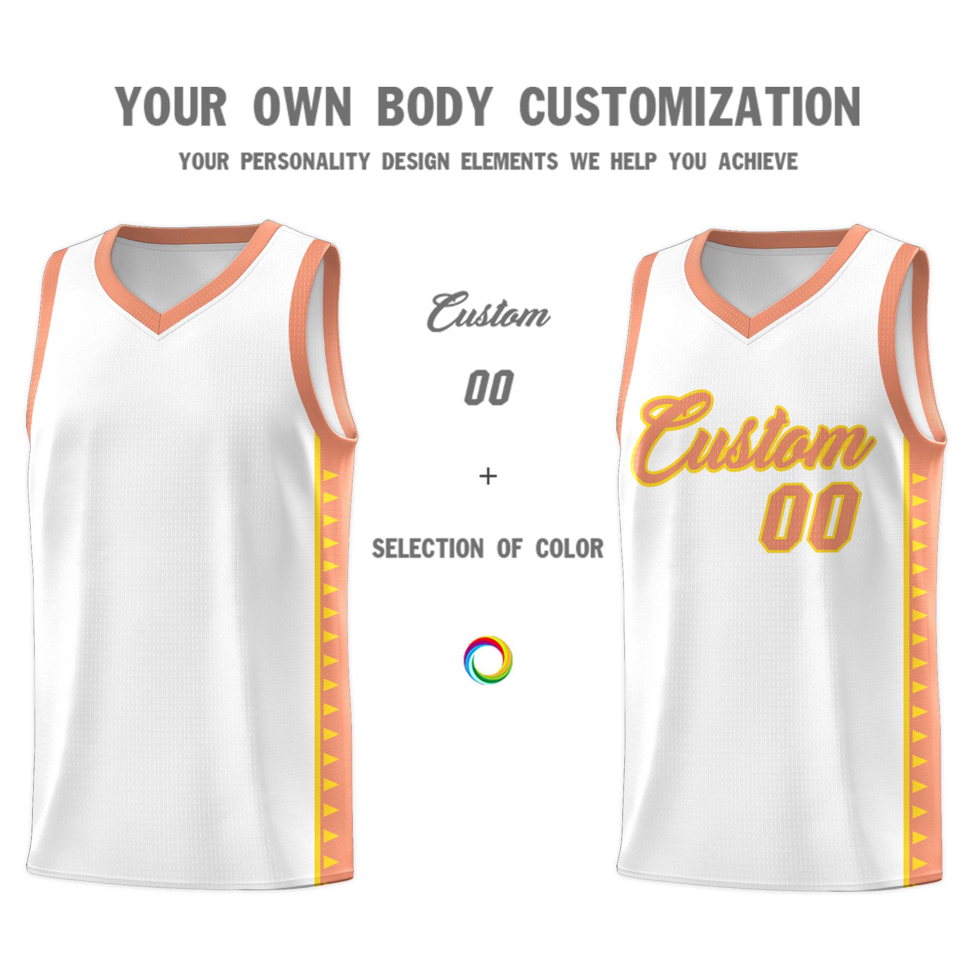 Custom White Light Orange Basketball Kits With Side Zigzag Pattern