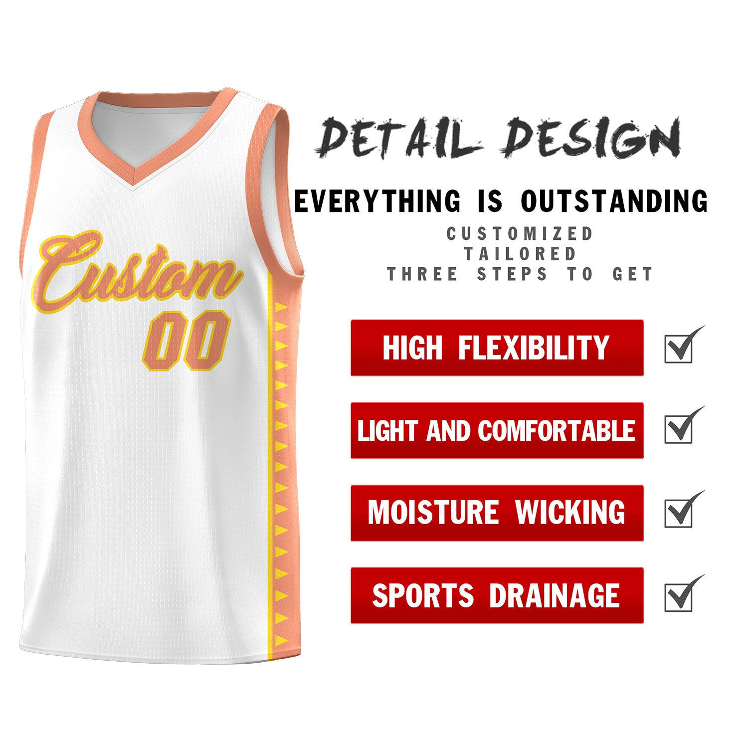 Custom White Light Orange Basketball Kits With Side Zigzag Pattern