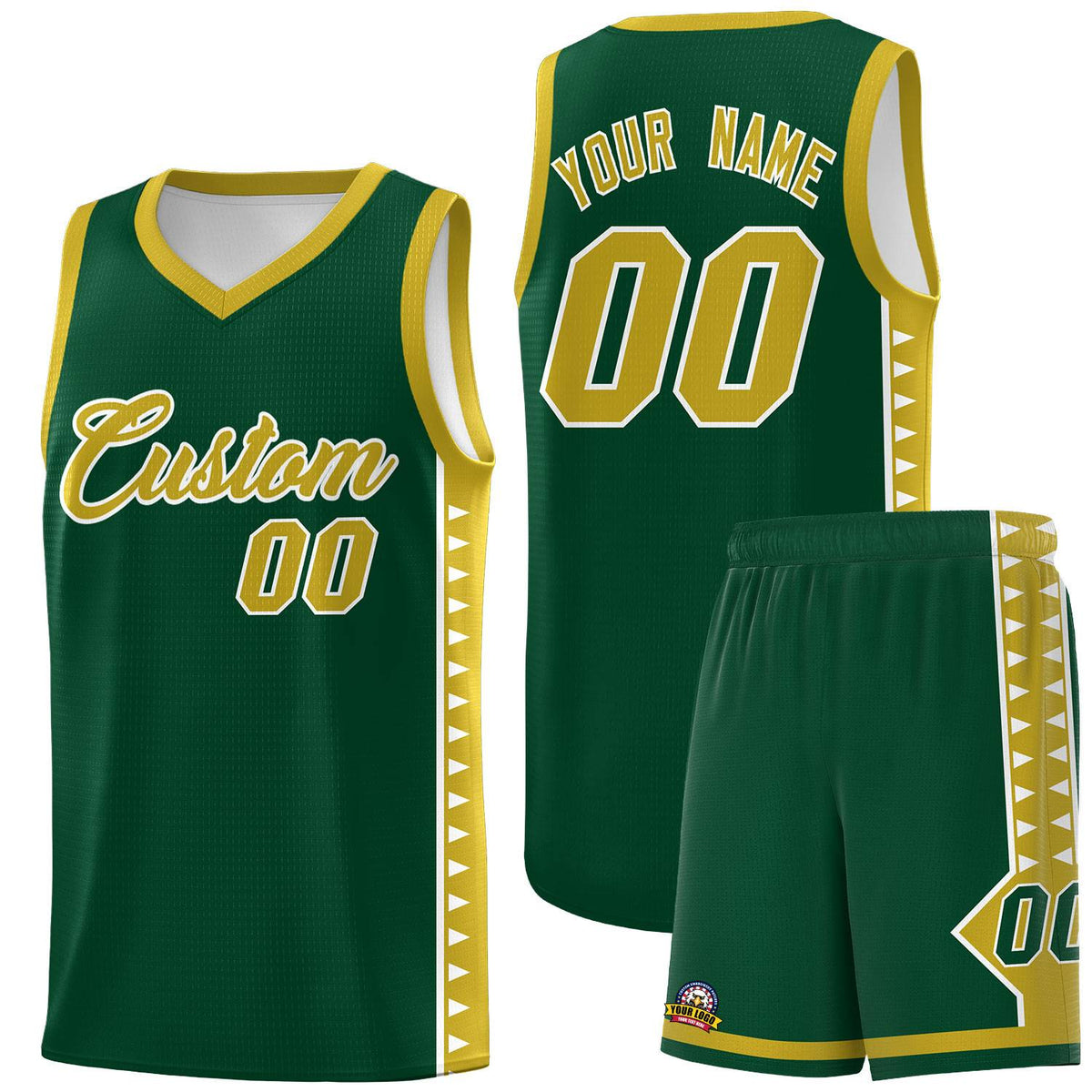 Custom Green Old Gold Basketball Kits With Side Zigzag Pattern