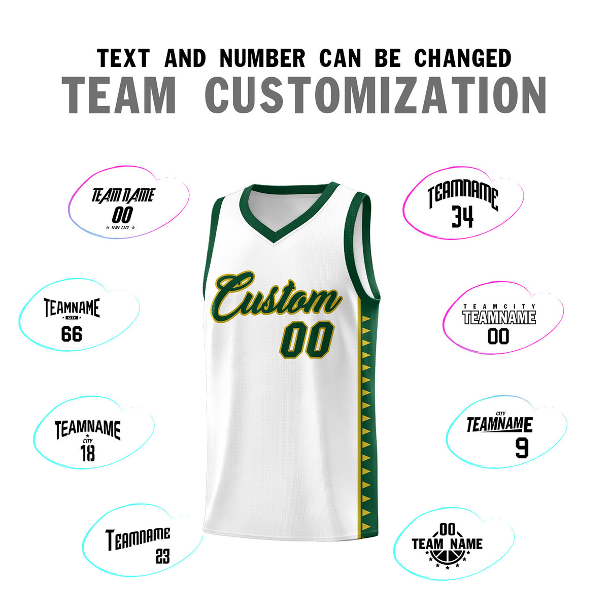 Custom White Green Basketball Kits With Side Zigzag Pattern