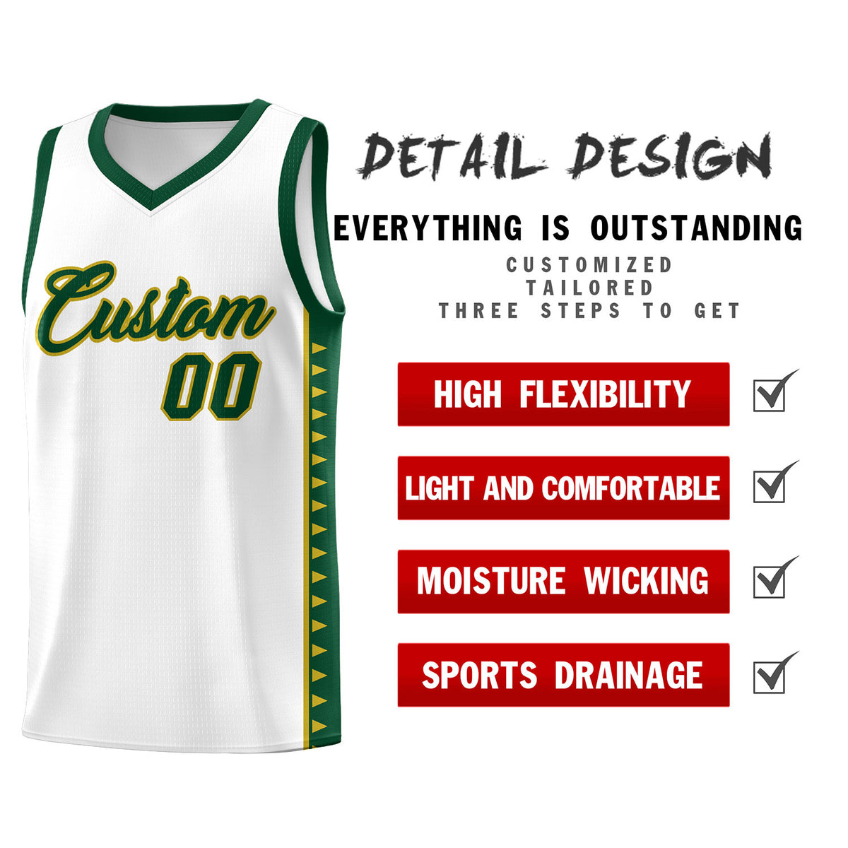 Custom White Green Basketball Kits With Side Zigzag Pattern