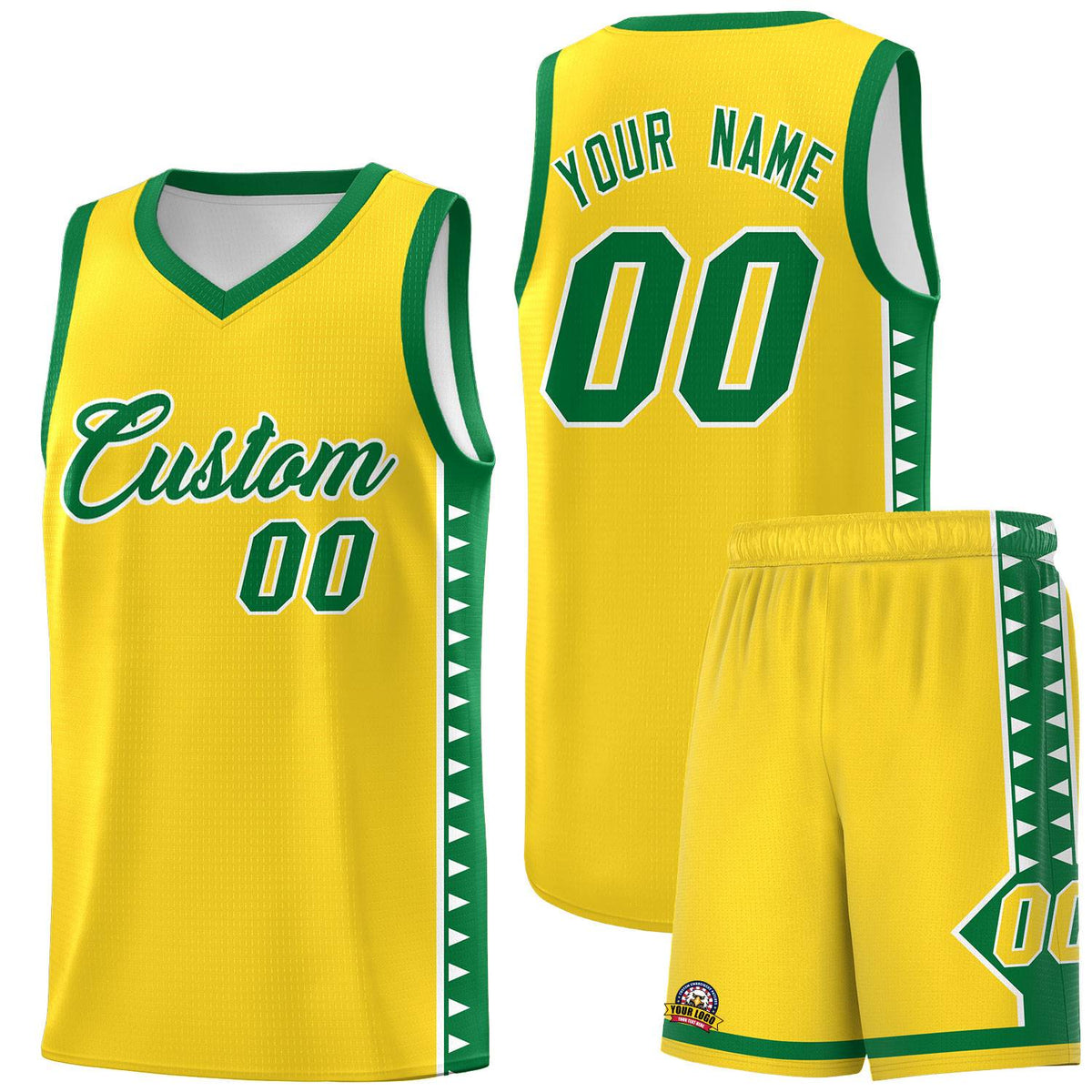 Custom Gold Kelly Green Basketball Kits With Side Zigzag Pattern