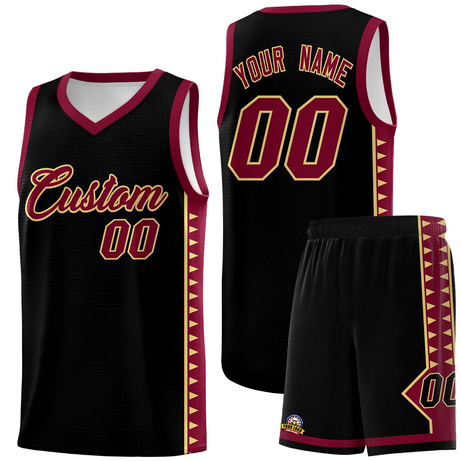 Custom Black Crimson Basketball Kits With Side Zigzag Pattern