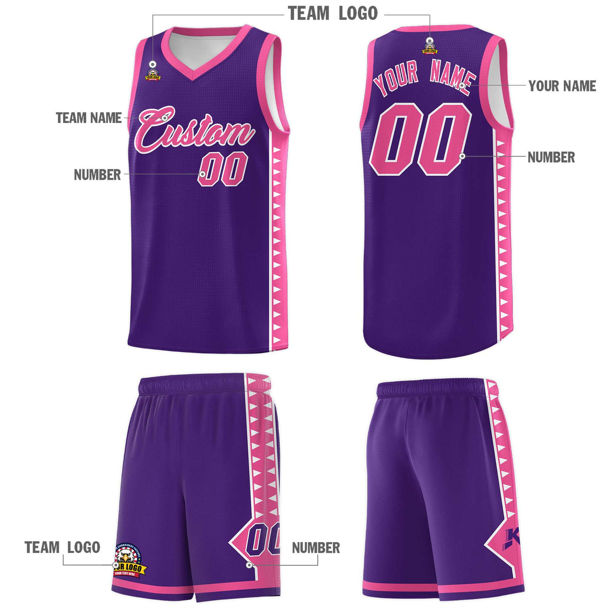Custom Purple Pink Basketball Kits With Side Zigzag Pattern