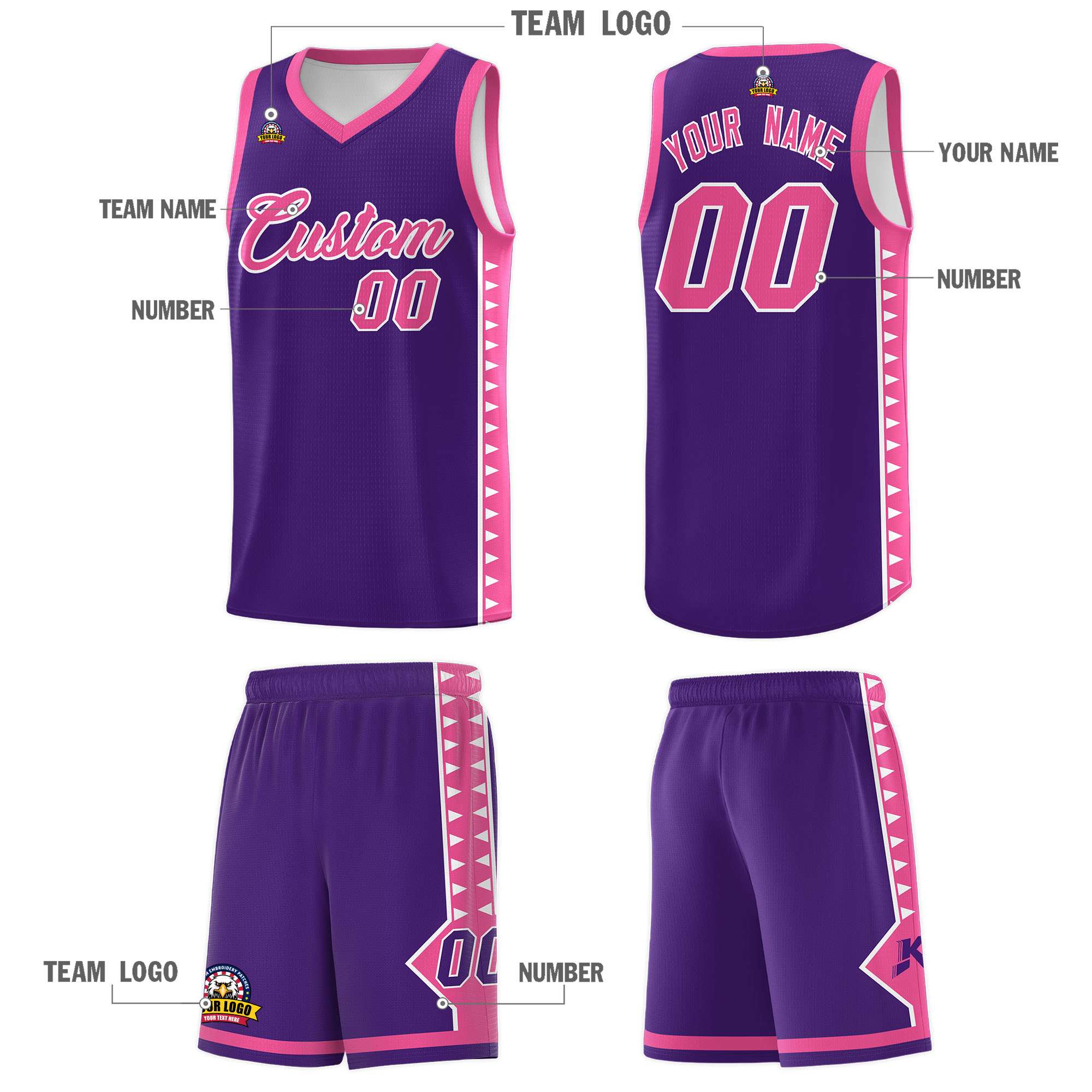 Custom Purple Pink Basketball Kits With Side Zigzag Pattern