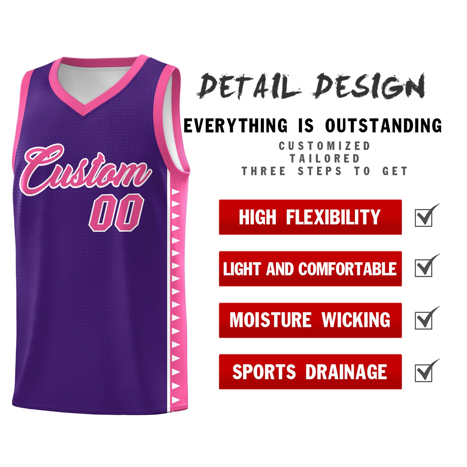 Custom Purple Pink Basketball Kits With Side Zigzag Pattern