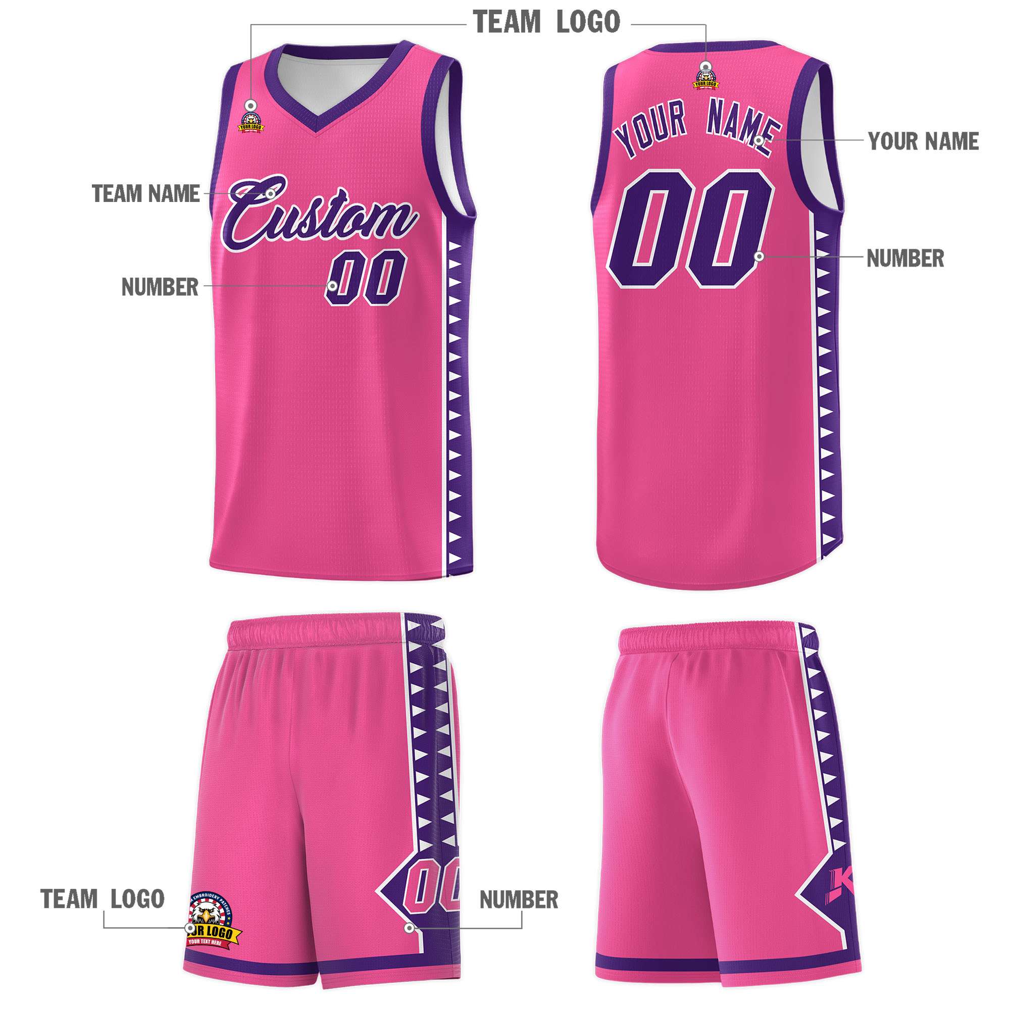 Custom Pink Purple Basketball Kits With Side Zigzag Pattern
