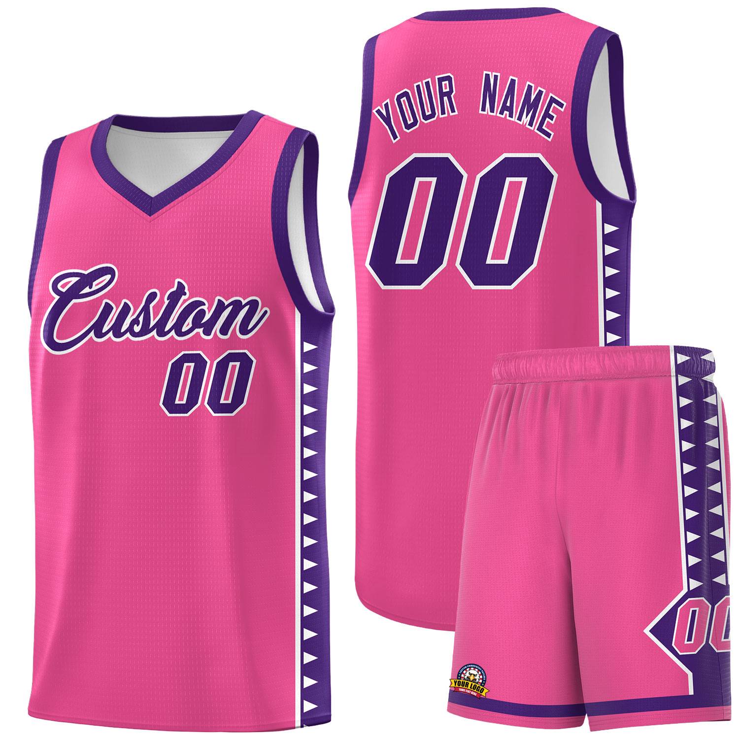 Custom Pink Purple Basketball Kits With Side Zigzag Pattern